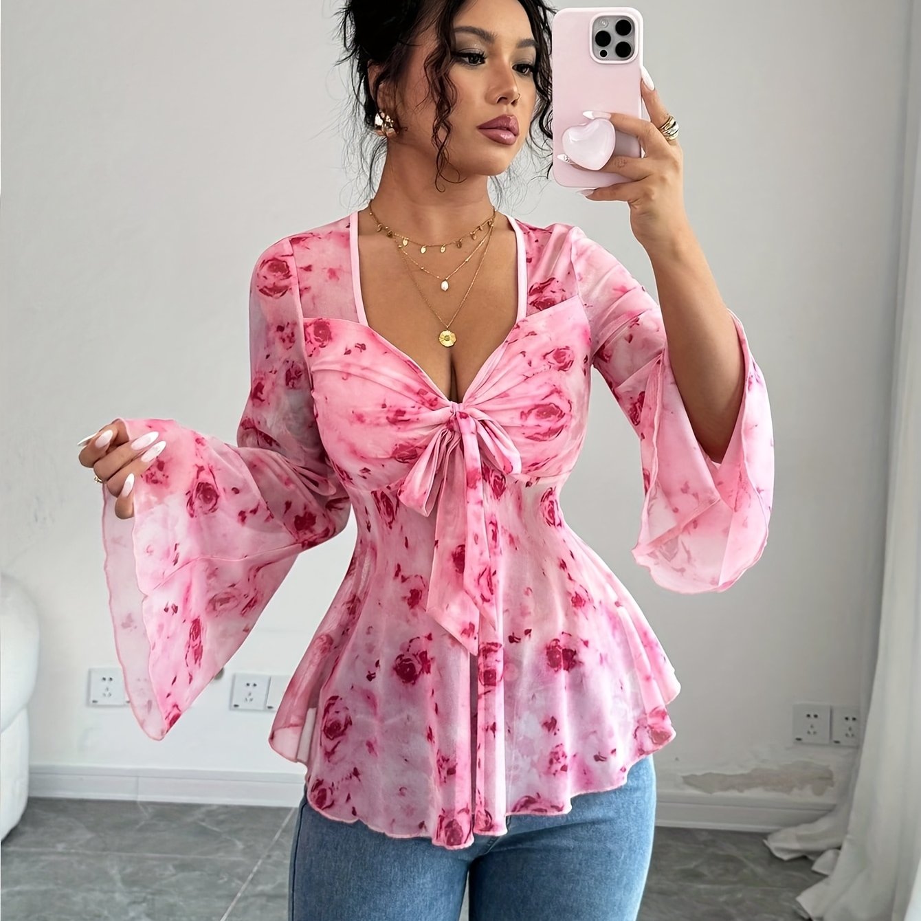 Elvarisen | Dames-top van doorschijnend mesh met bloemenprint – Elegant casual T-shirt