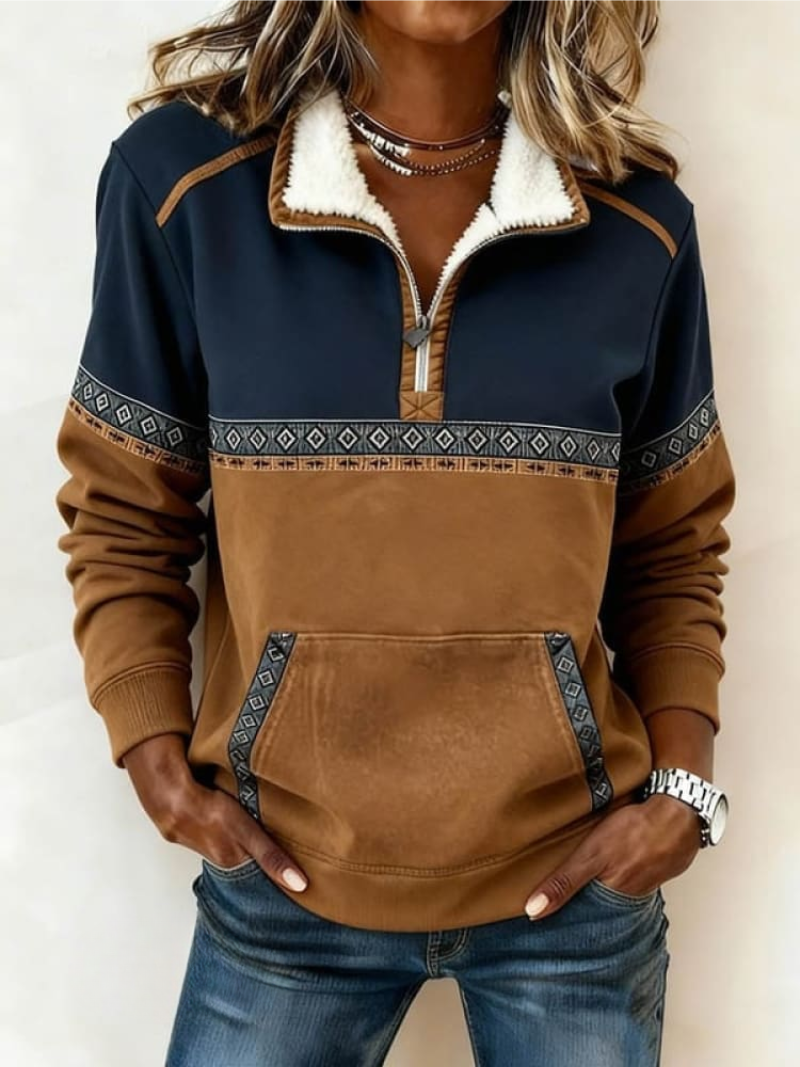 Beline | Dames trui met pluche voering en halve rits – Comfortabel, warm, casual, retro, etnisch gebreid