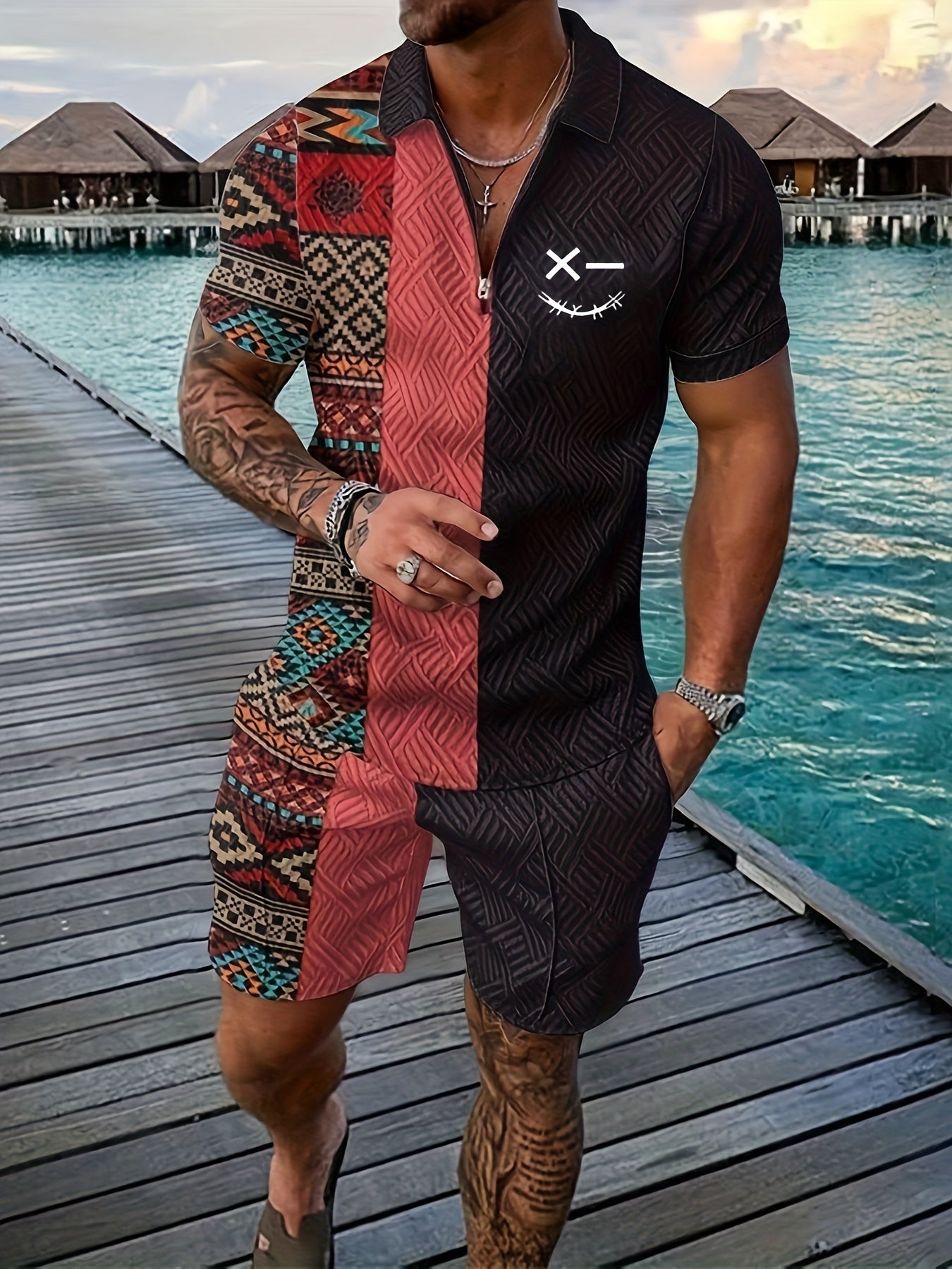 Xylaric | Casual tweedelige set voor heren – T-shirt met reverskraag en korte broek met trekkoord