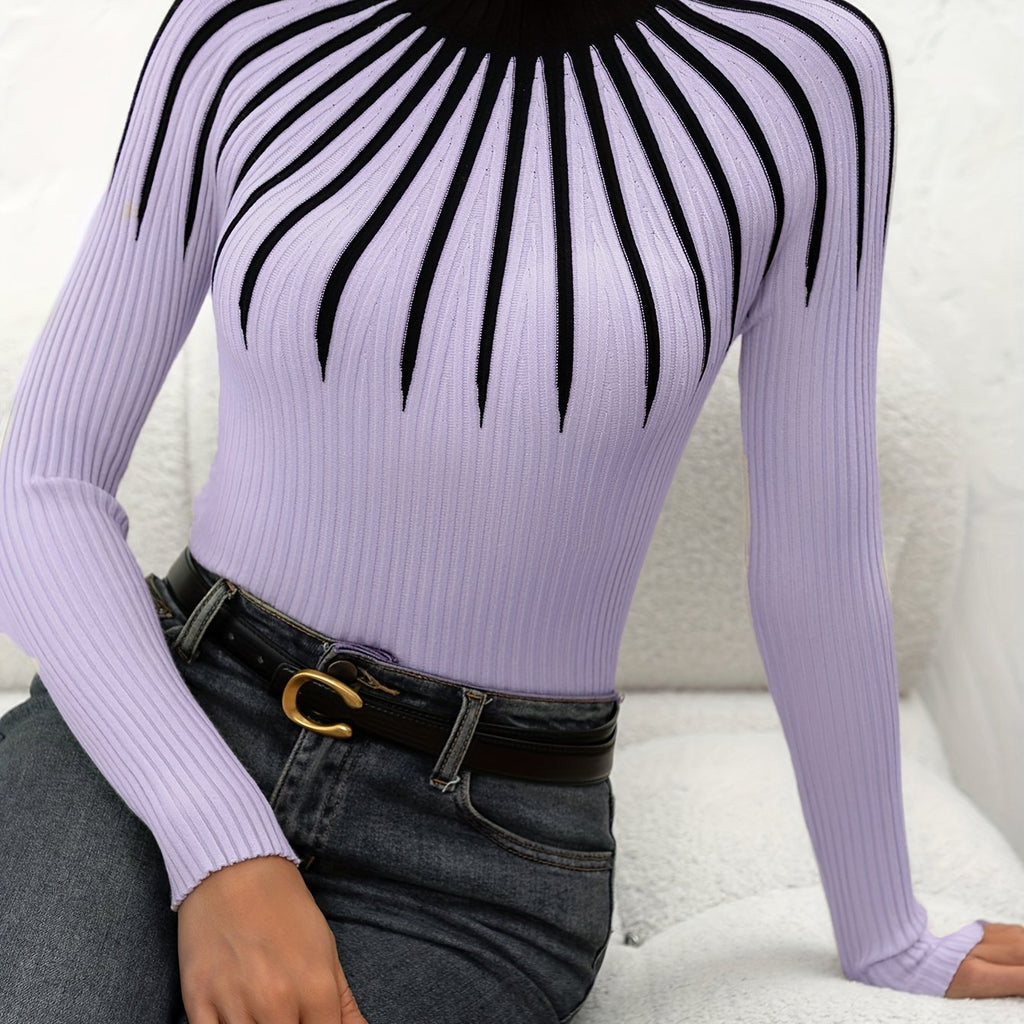Dariole | Dames Geribde Colorblock Pullover – Elegante Gebreide Top met Lange Mouwen