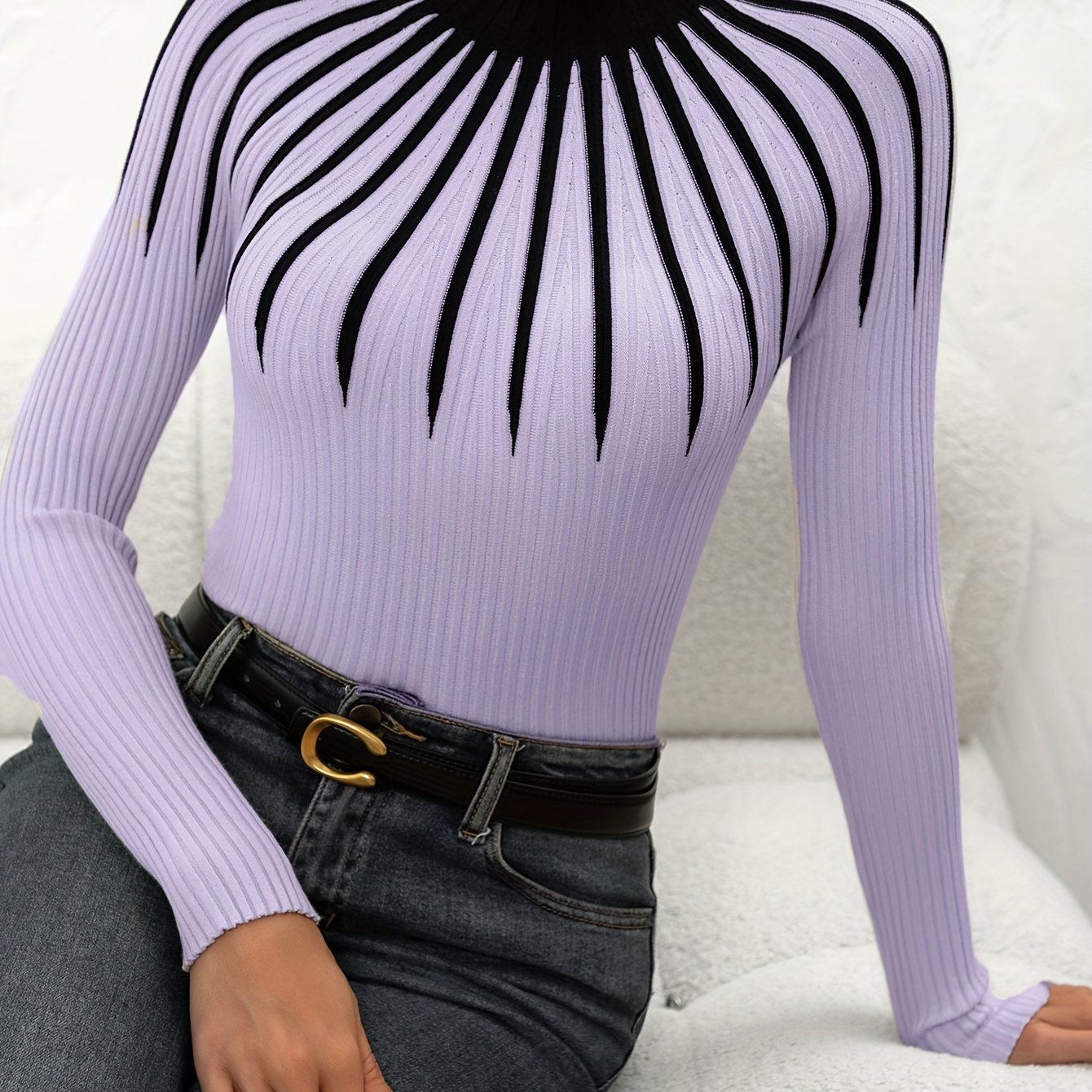 Dariole | Dames Geribde Colorblock Pullover – Elegante Gebreide Top met Lange Mouwen