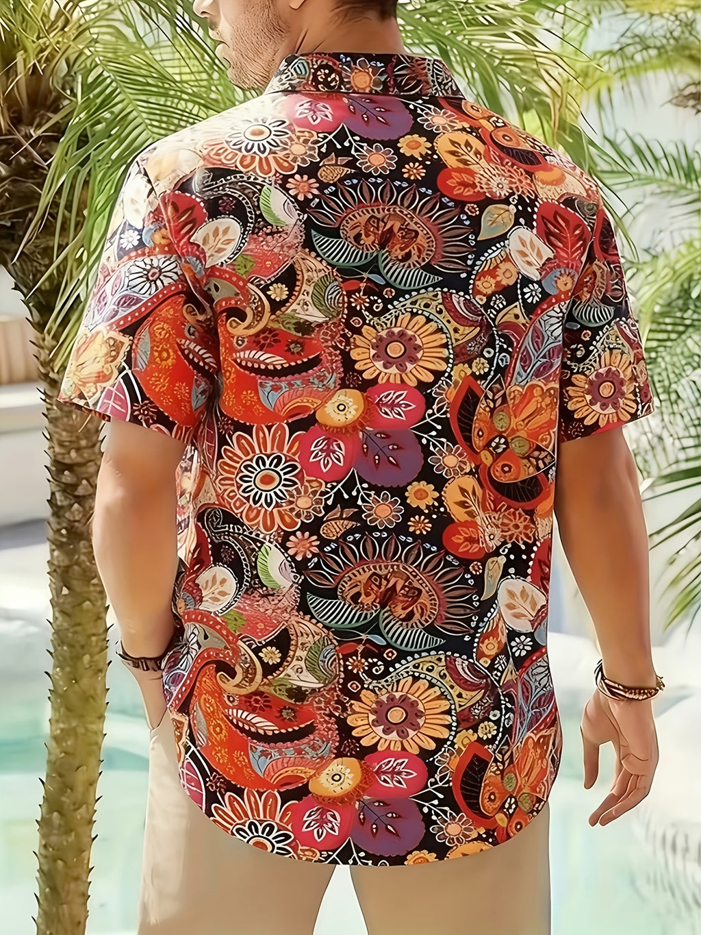 Geno | Heren bladprint overhemd – korte mouwen vakantie shirt