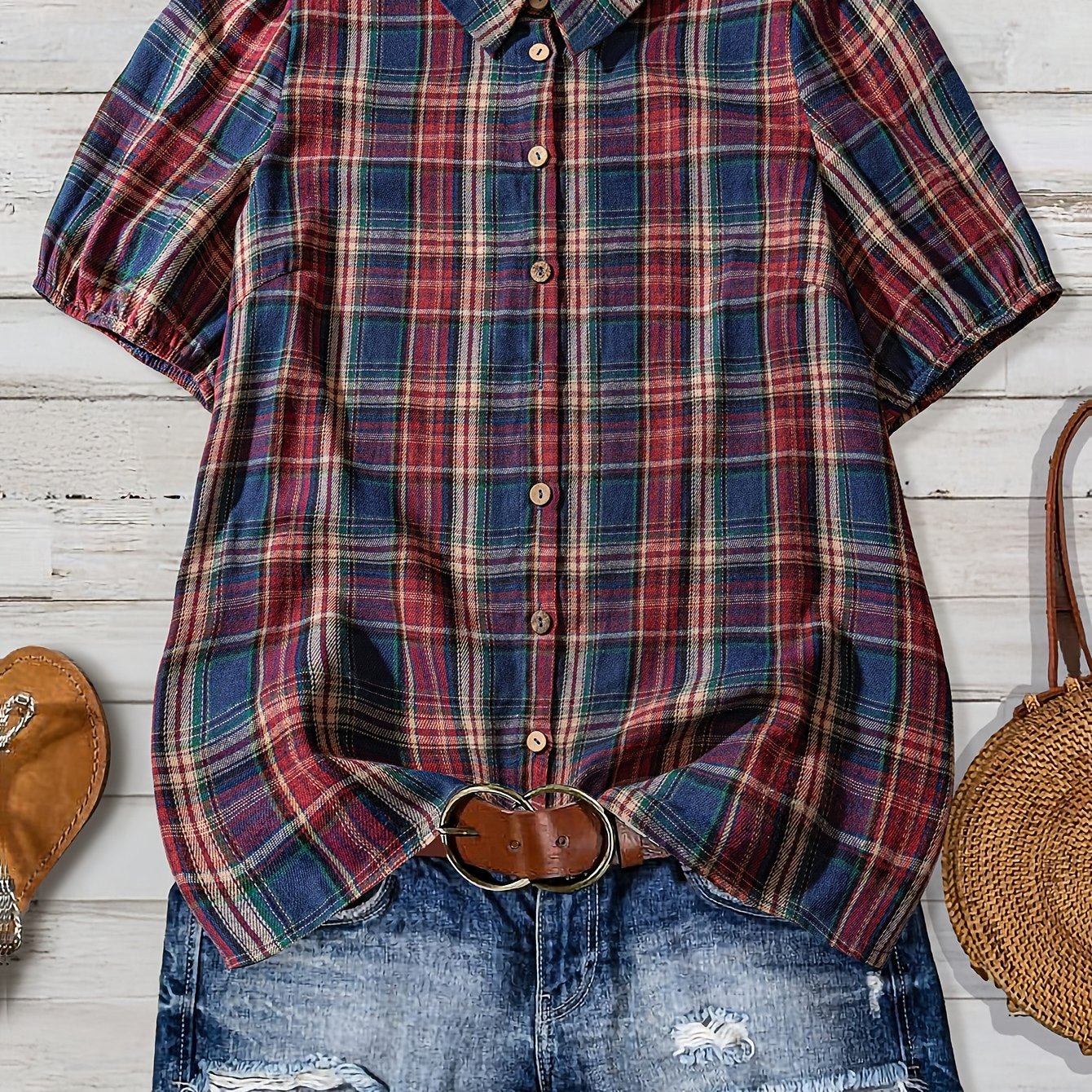 Saryne | Damesblouse met geruite print en pofmouwen