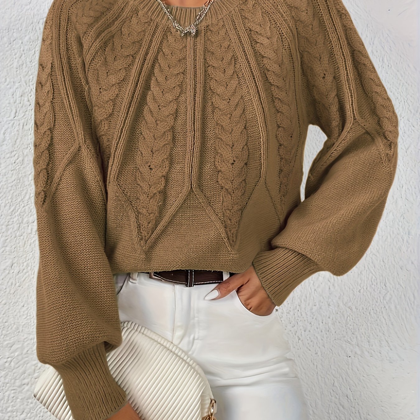 Kalyth | Damen-Zopfstrickpullover mit Laternenärmeln – Elegantes Strickoberteil für Herbst und Winter