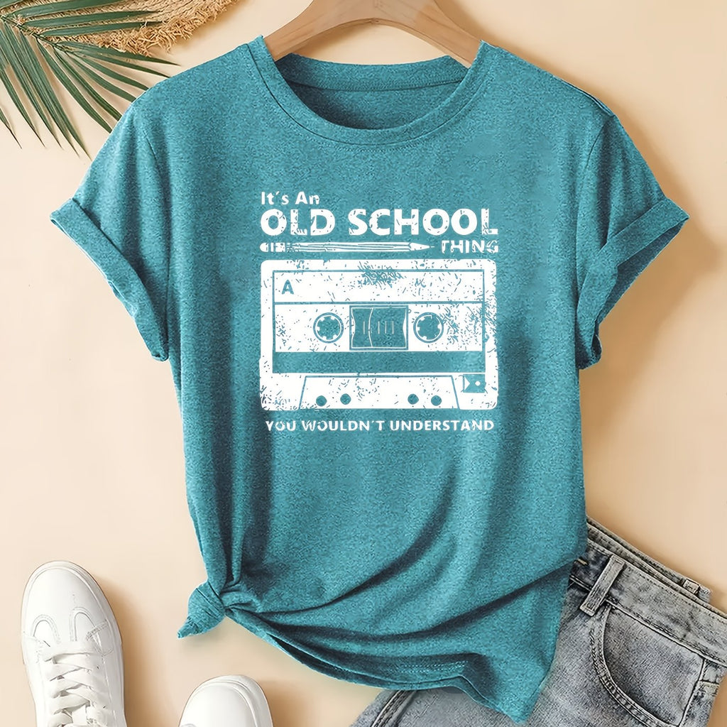Syralia | Retro muziek T-shirt met cassetteprint, losse pasvorm, korte mouwen