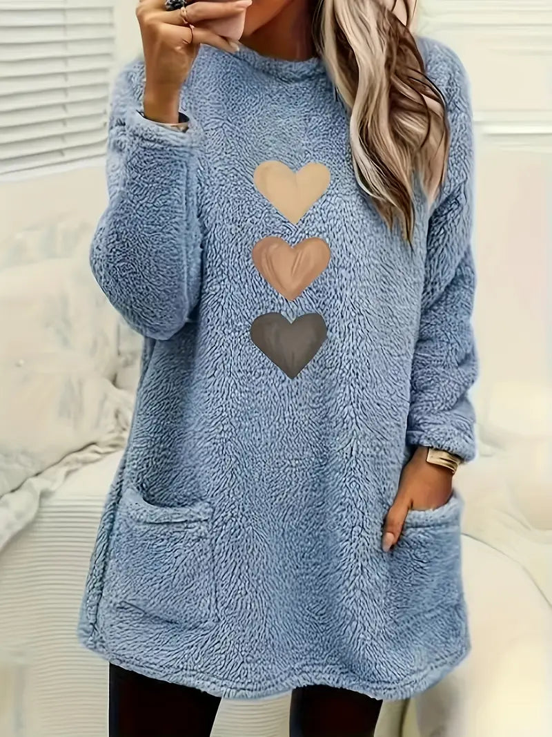 Gevina | Sweat-shirt en polaire coloré à cœurs et poches – Pull d'hiver confortable, haut décontracté et doux