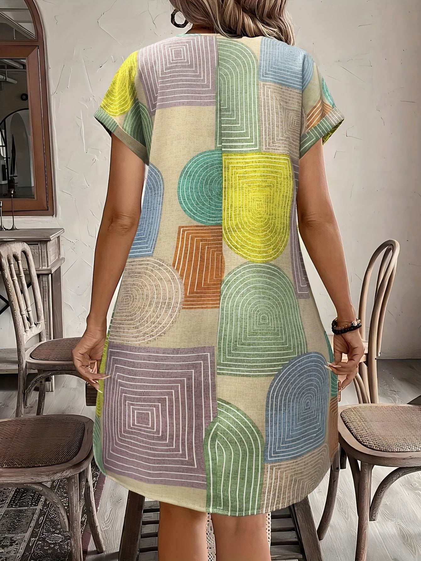 Elvina | Damesjurk met V-hals en strakke pasvorm – Elegante knielange jurk met patchworkprint