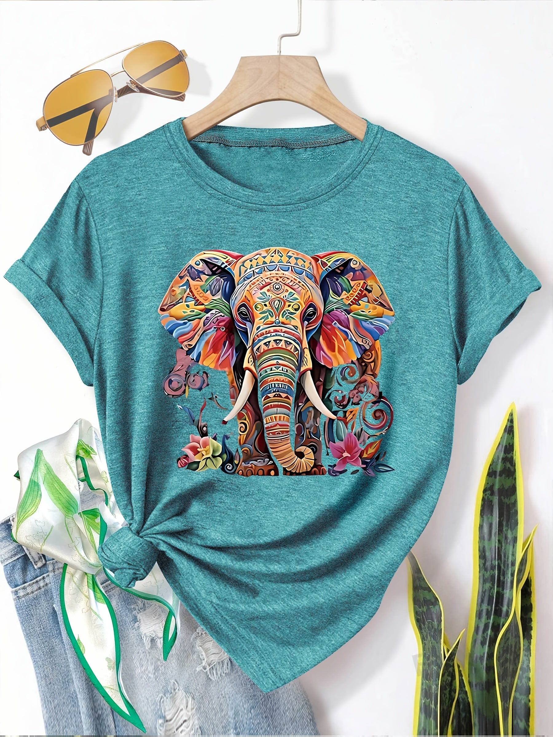 Menya | Dames-T-shirt met olifantenprint – Casual T-shirt in retrostijl met ronde hals en korte mouwen