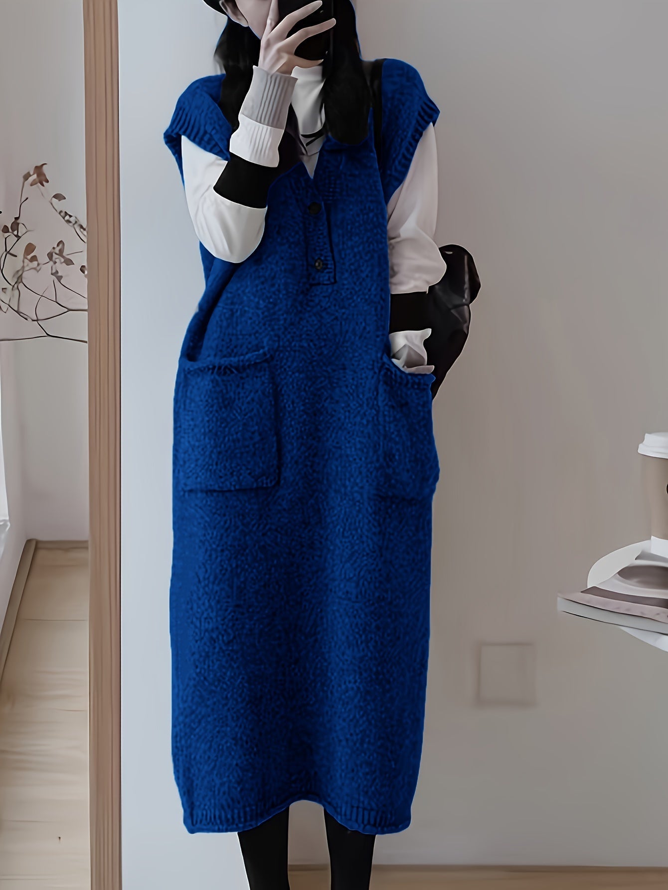 Rylthia | Mouwloze Gebreide Midi Jurk met Zakjes – Layering Tankjurk, Zachte Stretch Knit