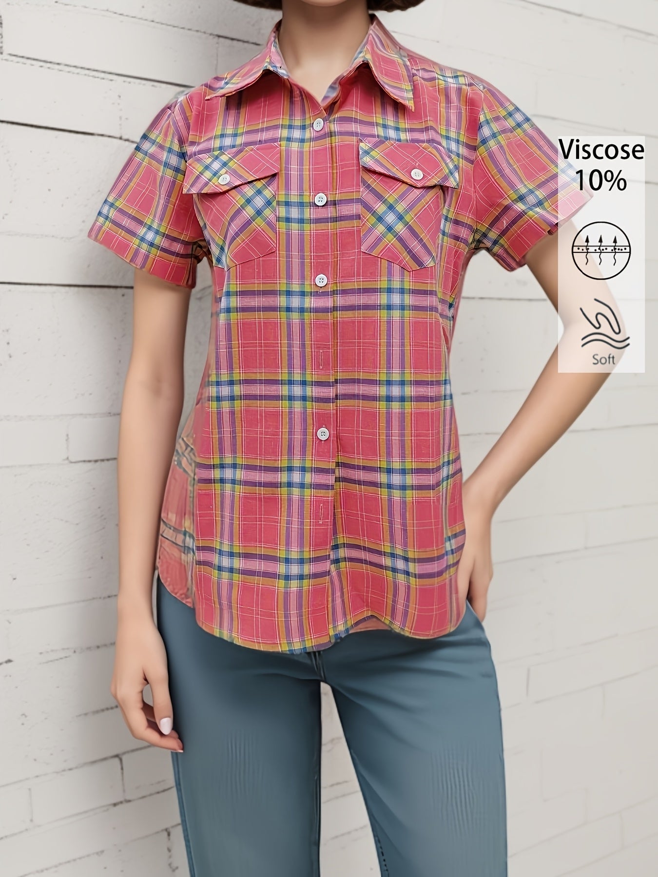 Juniper | Damesoverhemd met korte mouwen en ruitjespatroon – Casual blouse met knopen en twee zakken