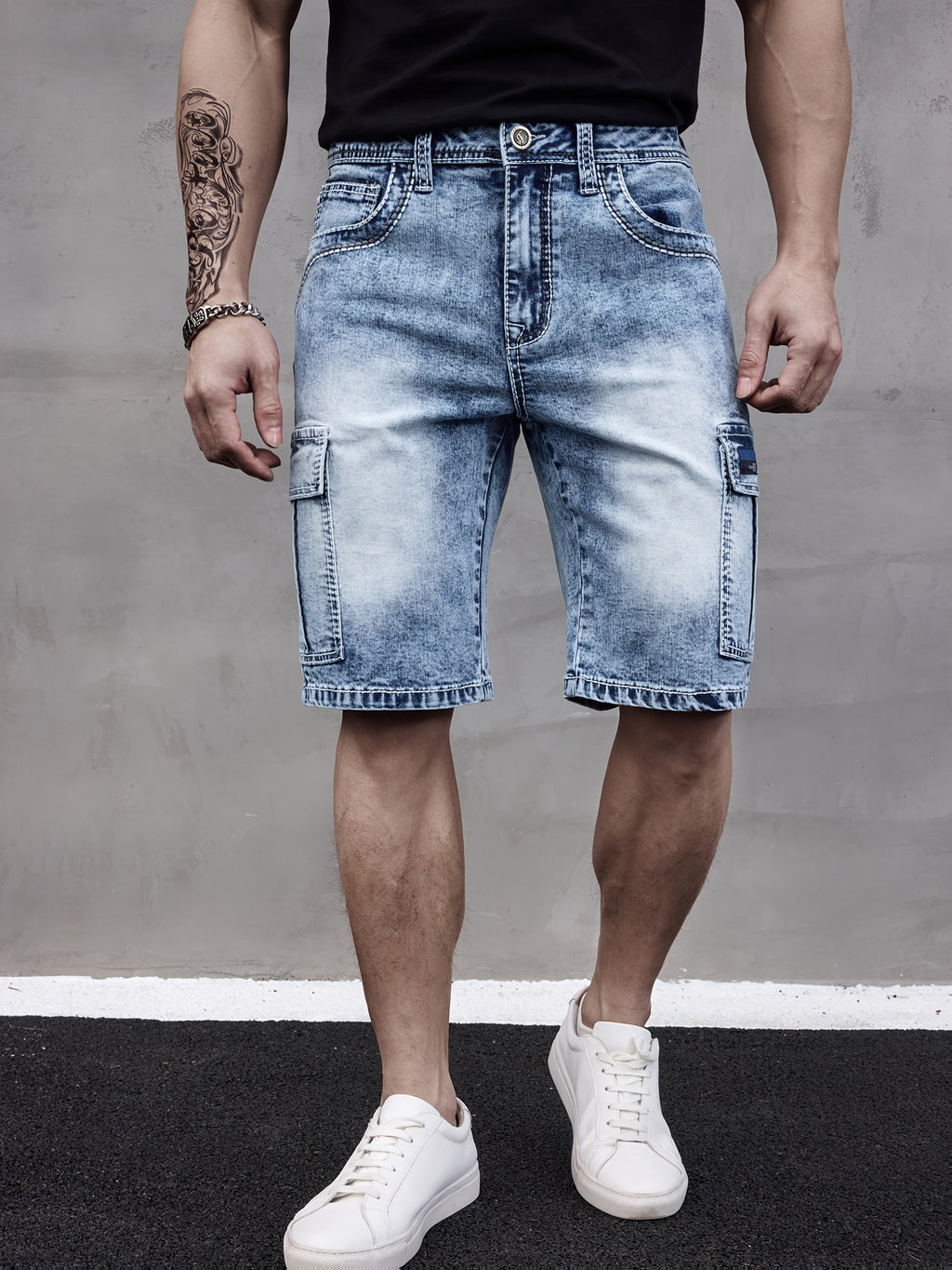 Tyrion | Heren-stretchdenimshort met meerdere zakken en geborduurde, stevige stiksels