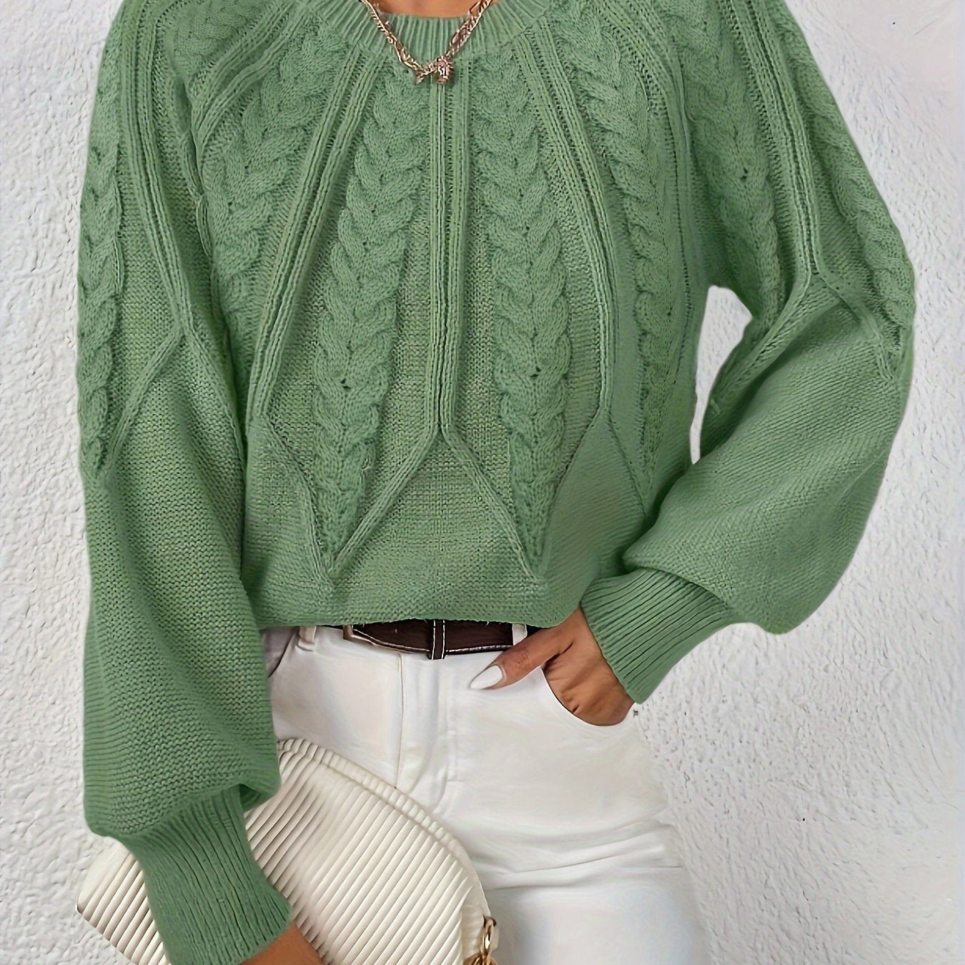 Kalyth | Damen-Zopfstrickpullover mit Laternenärmeln – Elegantes Strickoberteil für Herbst und Winter