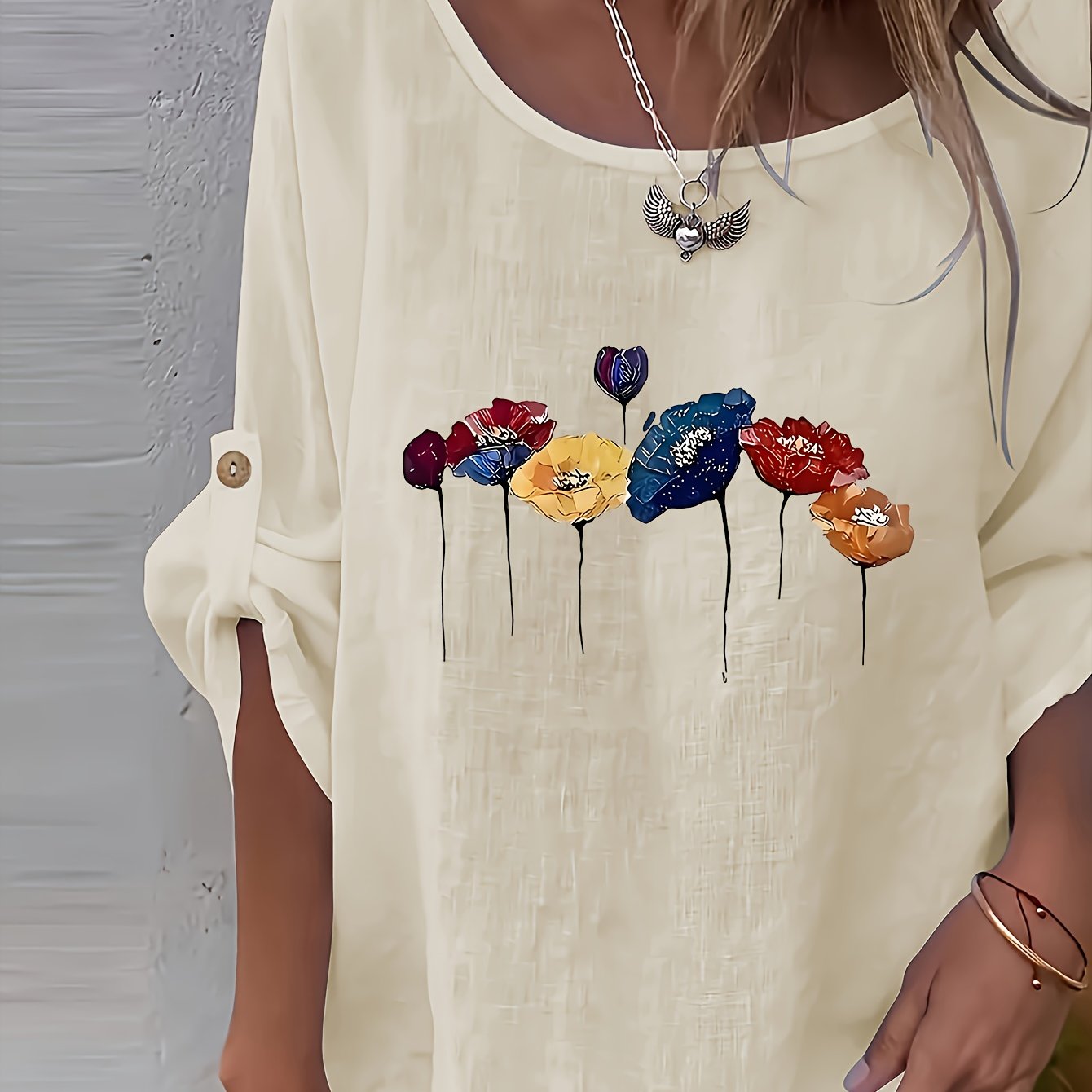 Lunelle | Elegant dames-T-shirt met bloemenprint en ronde hals – Casual, losse pasvorm, knoopjes, lente