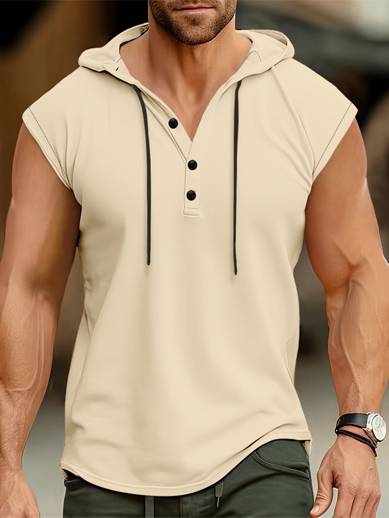 Acton | Heren mouwloze hooded Henley Tank - Ademend sportshirt