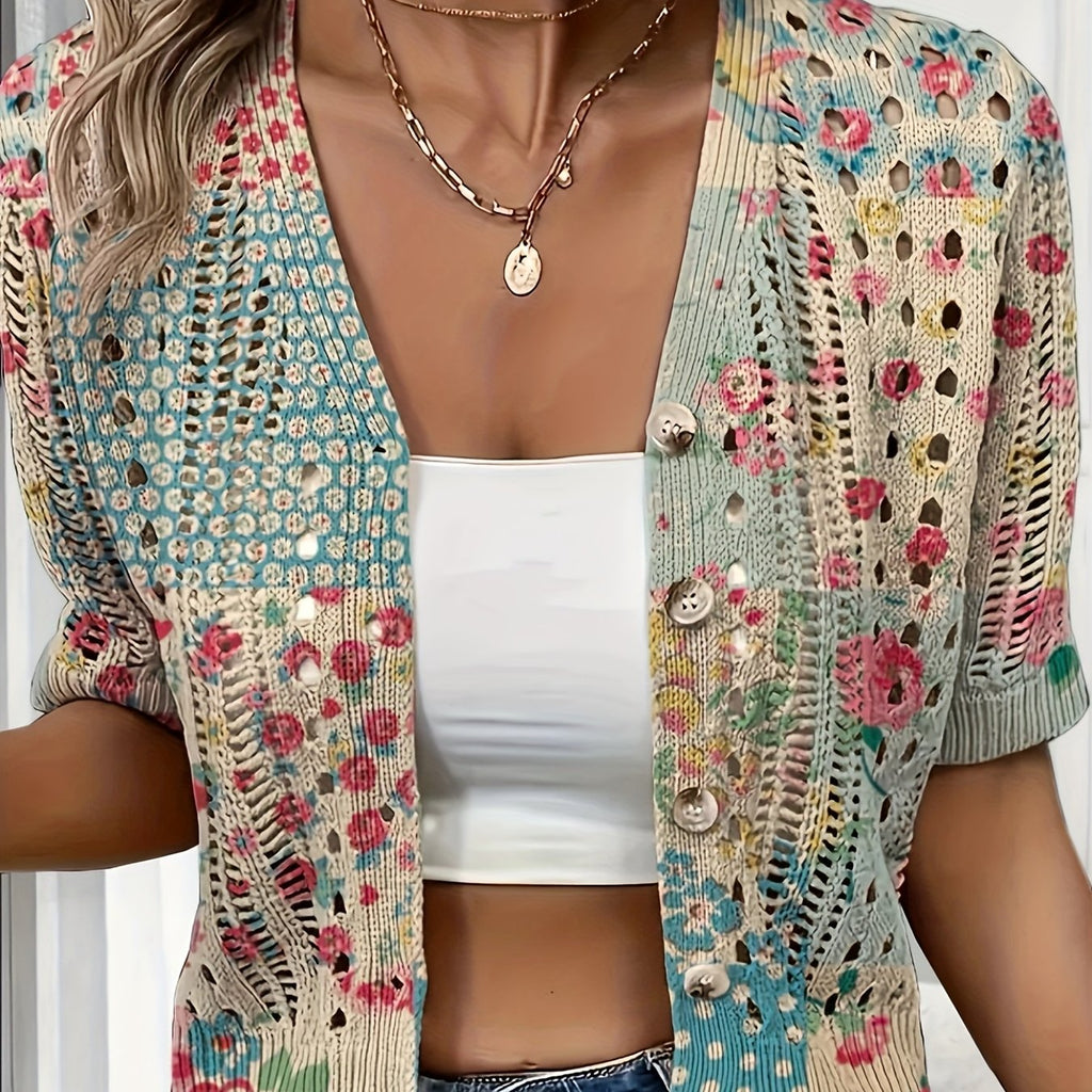 Cyravelle | Bohemian gehaakte korte cardigan – zomerse kortmouwen vest als lichte outerwear