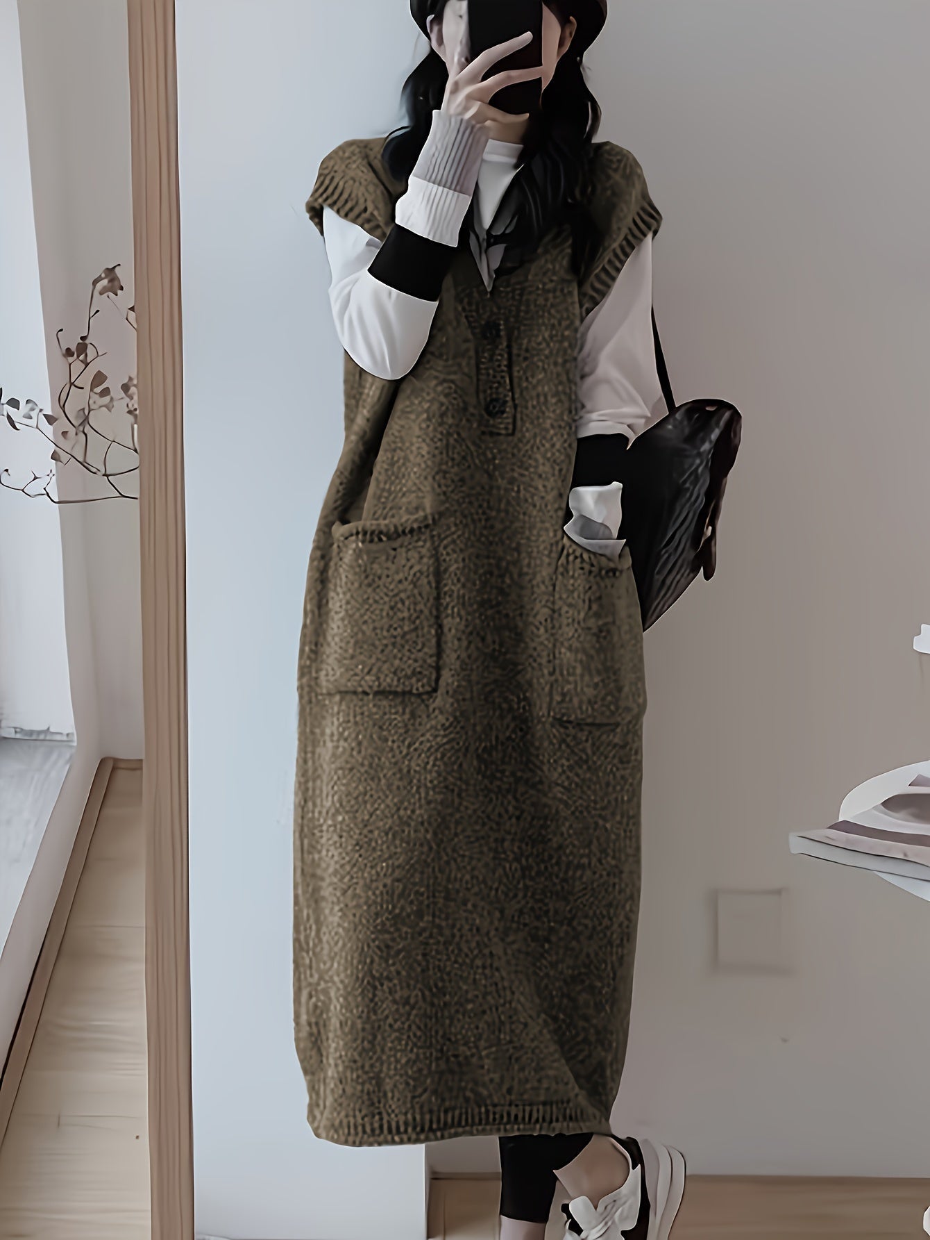 Rylthia | Mouwloze Gebreide Midi Jurk met Zakjes – Layering Tankjurk, Zachte Stretch Knit