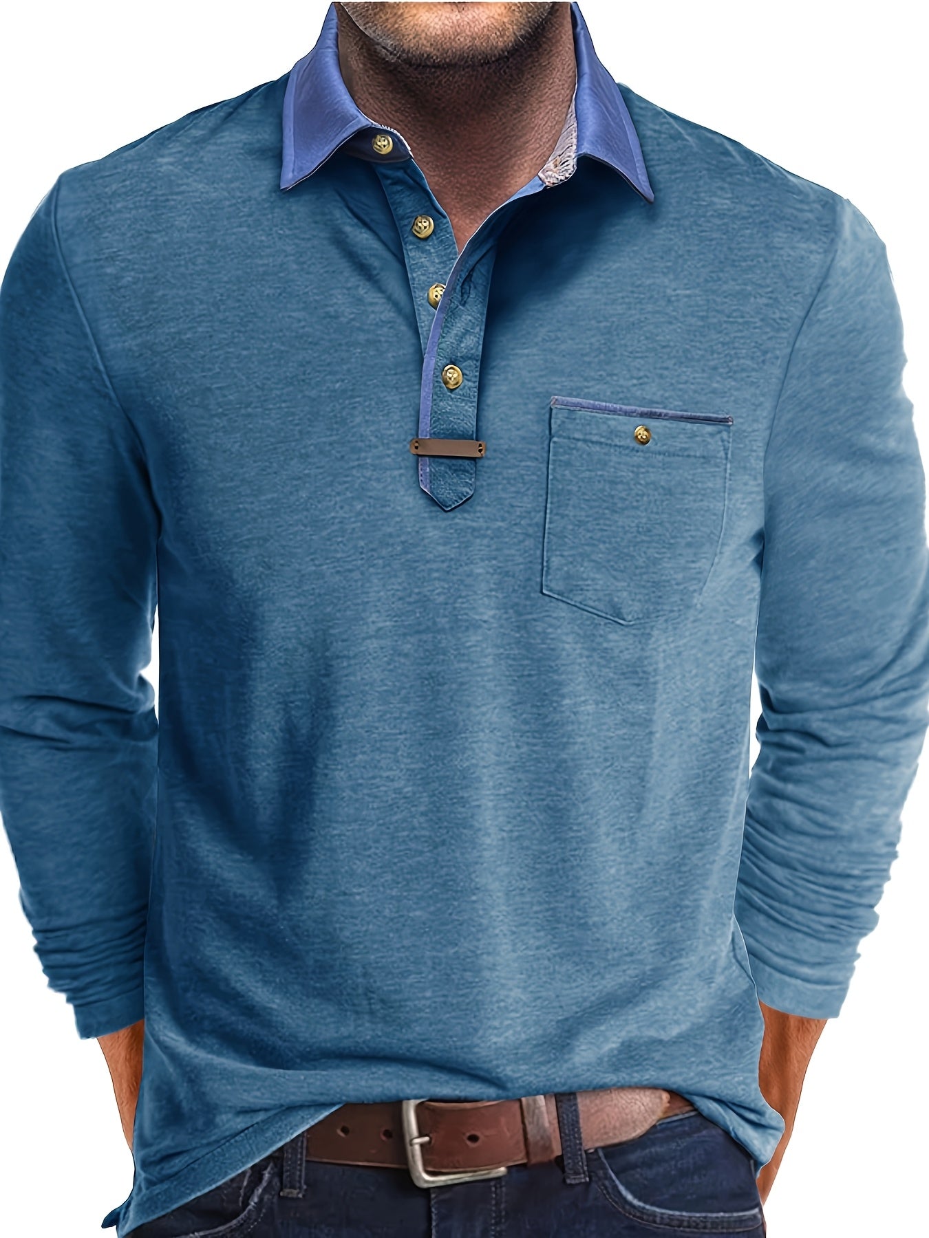 Paulo | Polo homme à manches longues – Henley décontracté avec col color-block et poche poitrine