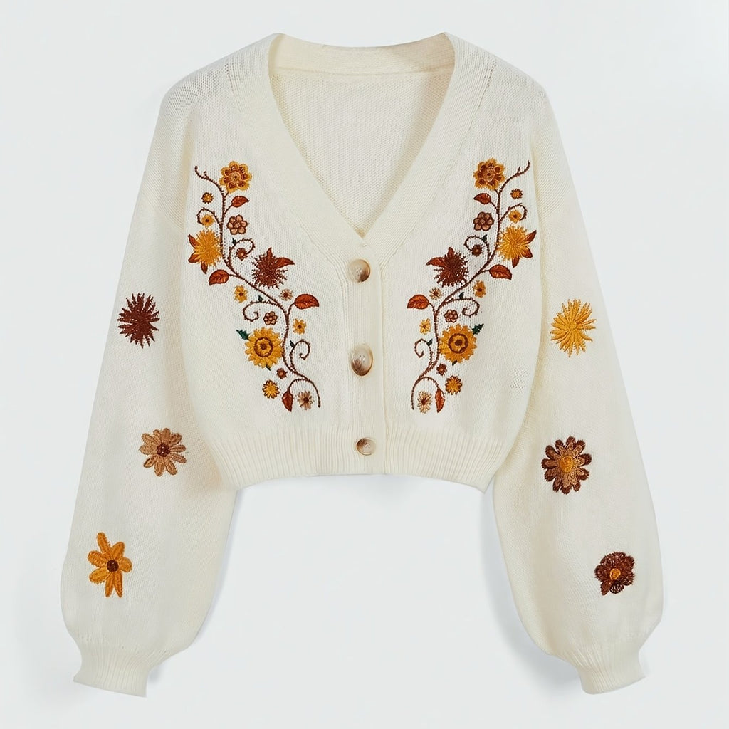 Orinae | Elegante dames cardigan met bloemen – Trui met lange mouwen en V-hals, geborduurd