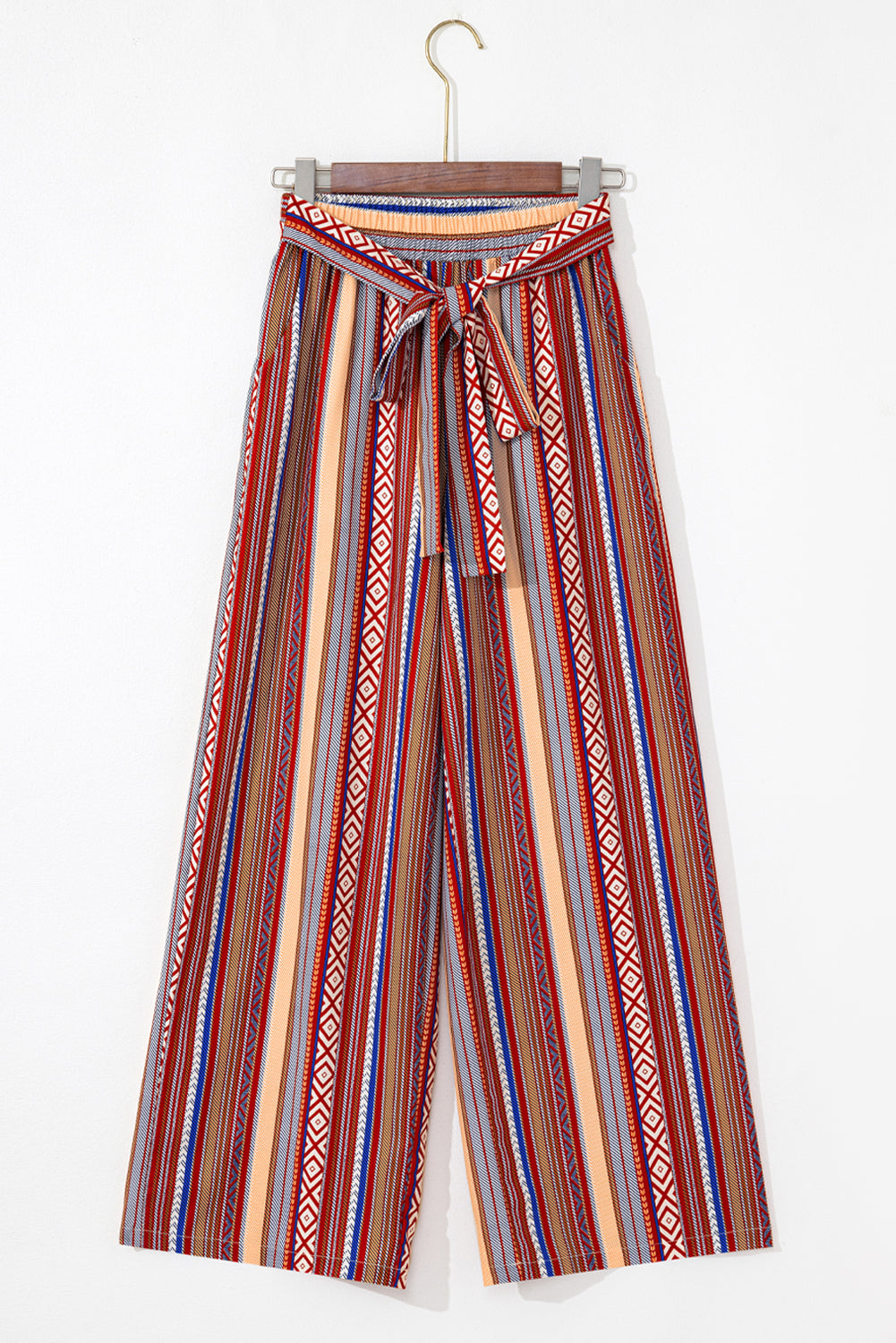 Solvaya | Rode Boho etnische gestreepte wijde broek met strikceintuur – Casual, zomer- en festivalbroek