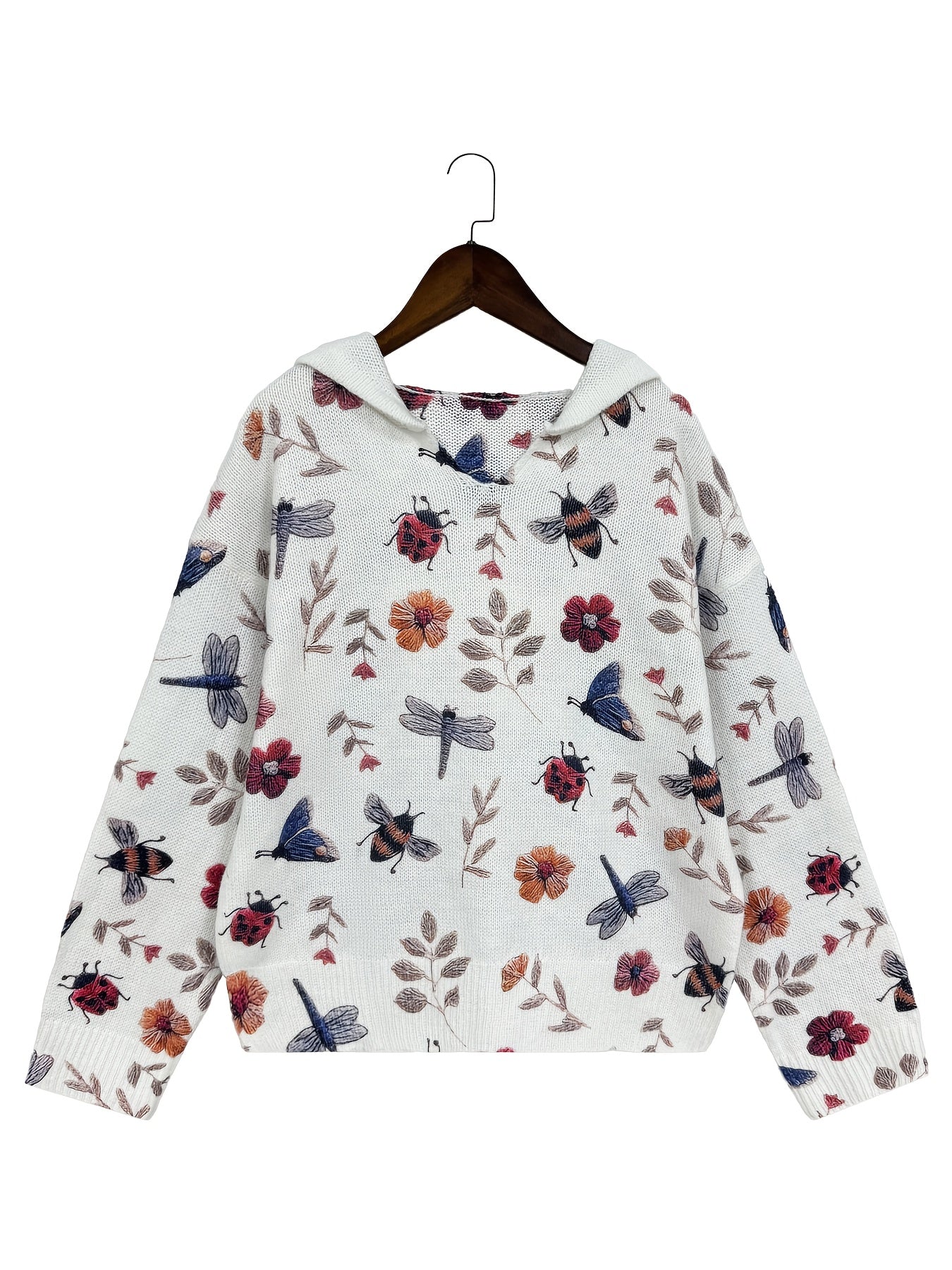 Xyrina | Hoodie met Bloemenprint – Casual Losse Pasvorm, Gebreide Sweater met Capuchon