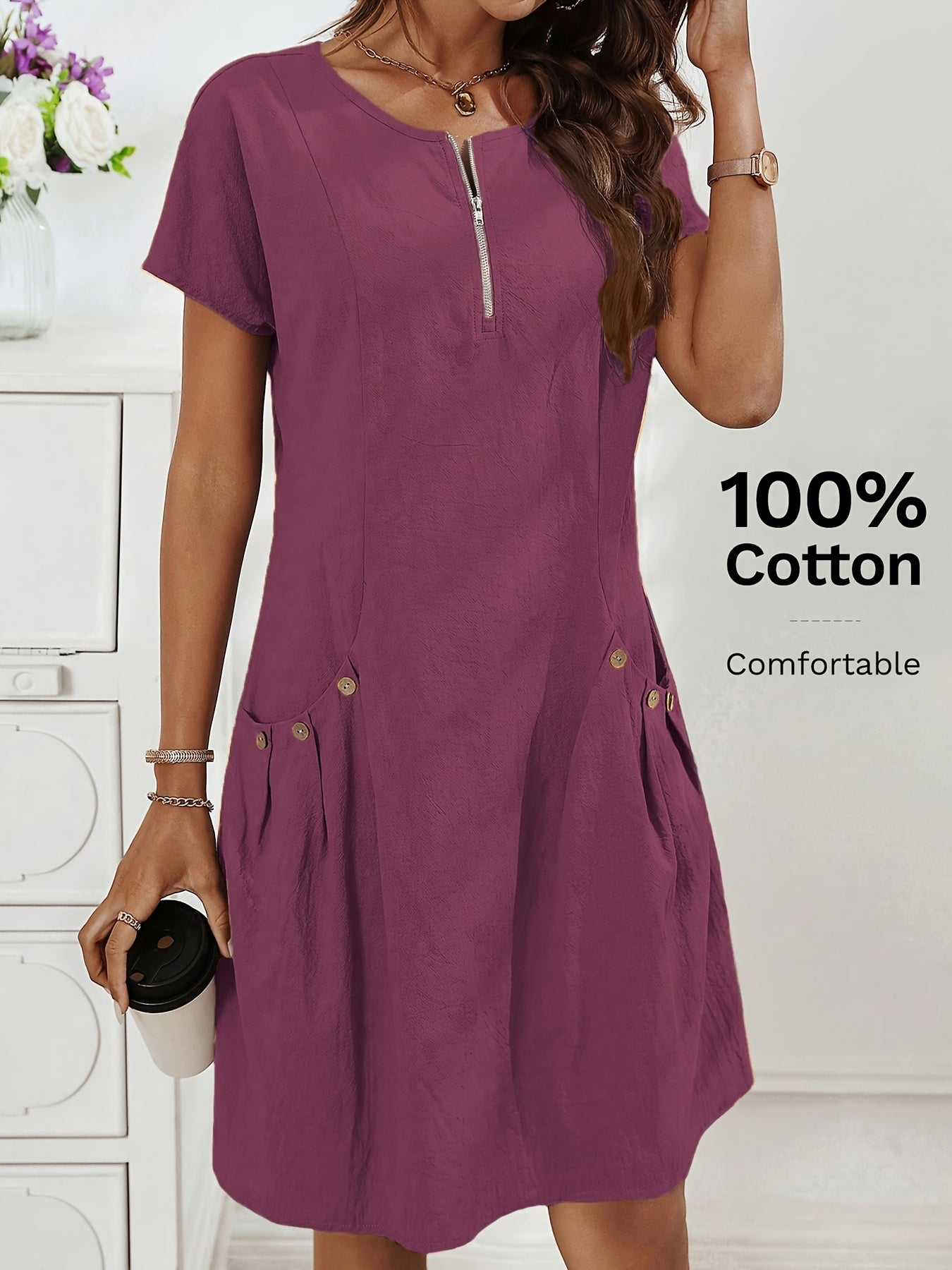 Zirelia | Zomerse casual overhemdjurk voor dames – halve rits, knoopdetails en dubbele zakken