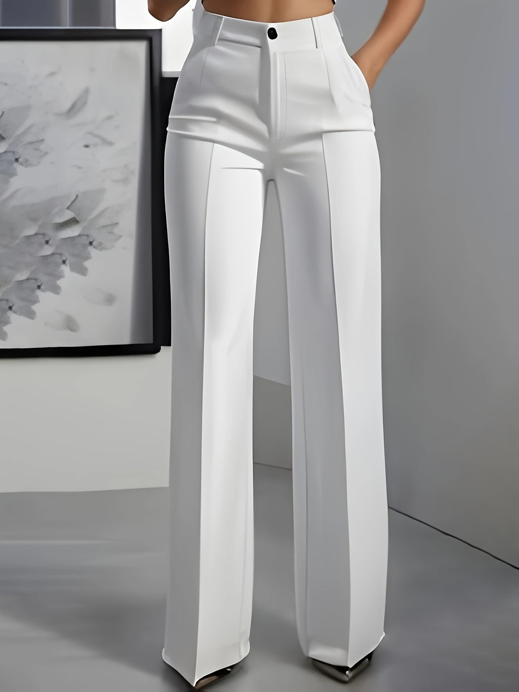 Oralia | Elegante Damenhose mit weitem Bein – Gerade geschnittene, hochgeschnittene Hose mit Knopfverschluss