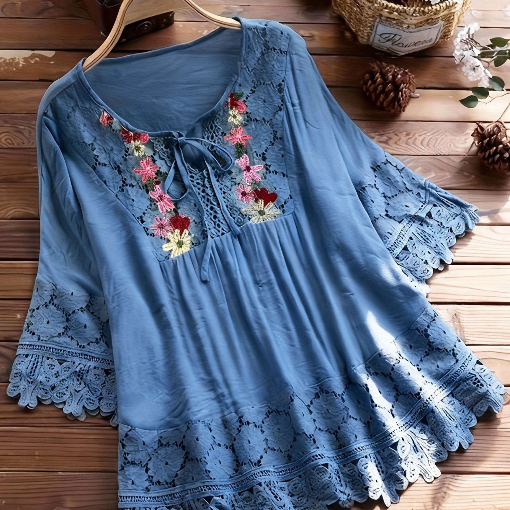 Elarona | Damesblouse met kanten patchwork – Lente/zomer-top met lange mouwen