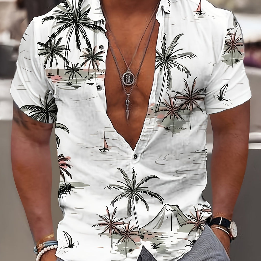 Malron | Heren Hawaiiaans Shirt met Kokospalm Print – Casual Vakantie Strand Zomer Overhemd