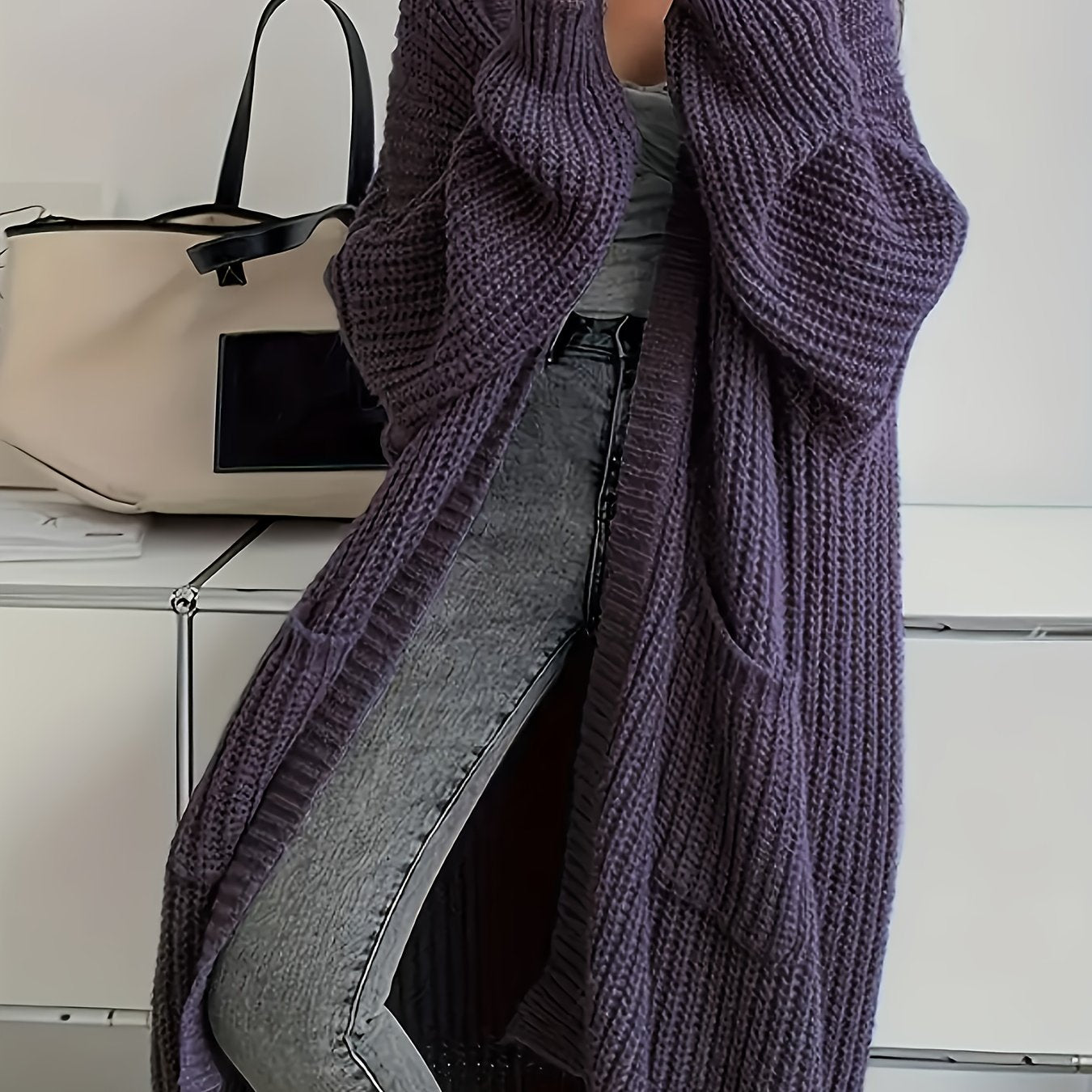 Myvessa | Langer Strickcardigan für Damen – offener, Oversize-Schnitt, lässiger Pullover für Herbst und Winter