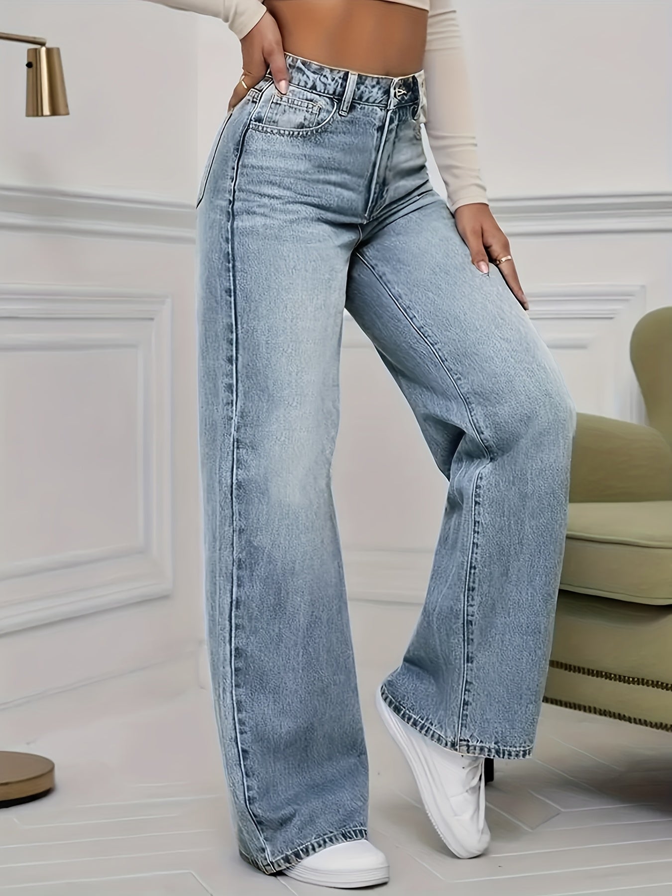 Bryndelle | Hoge taille, rekbare jeans met wijde pijpen – Losse, rechte vintage blauwe denim met zakken