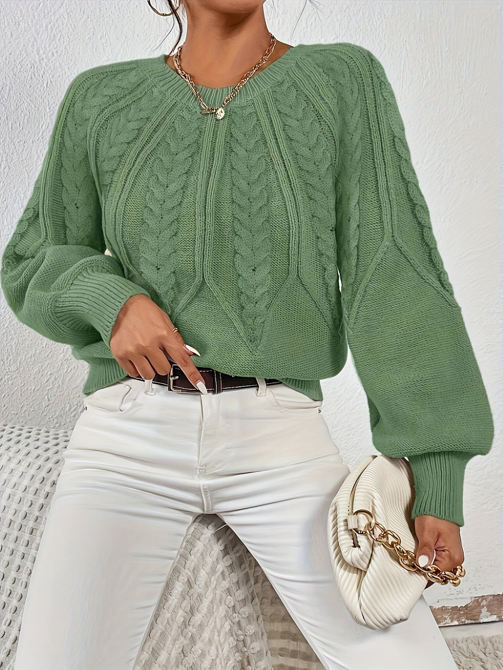 Kalyth | Damen-Zopfstrickpullover mit Laternenärmeln – Elegantes Strickoberteil für Herbst und Winter