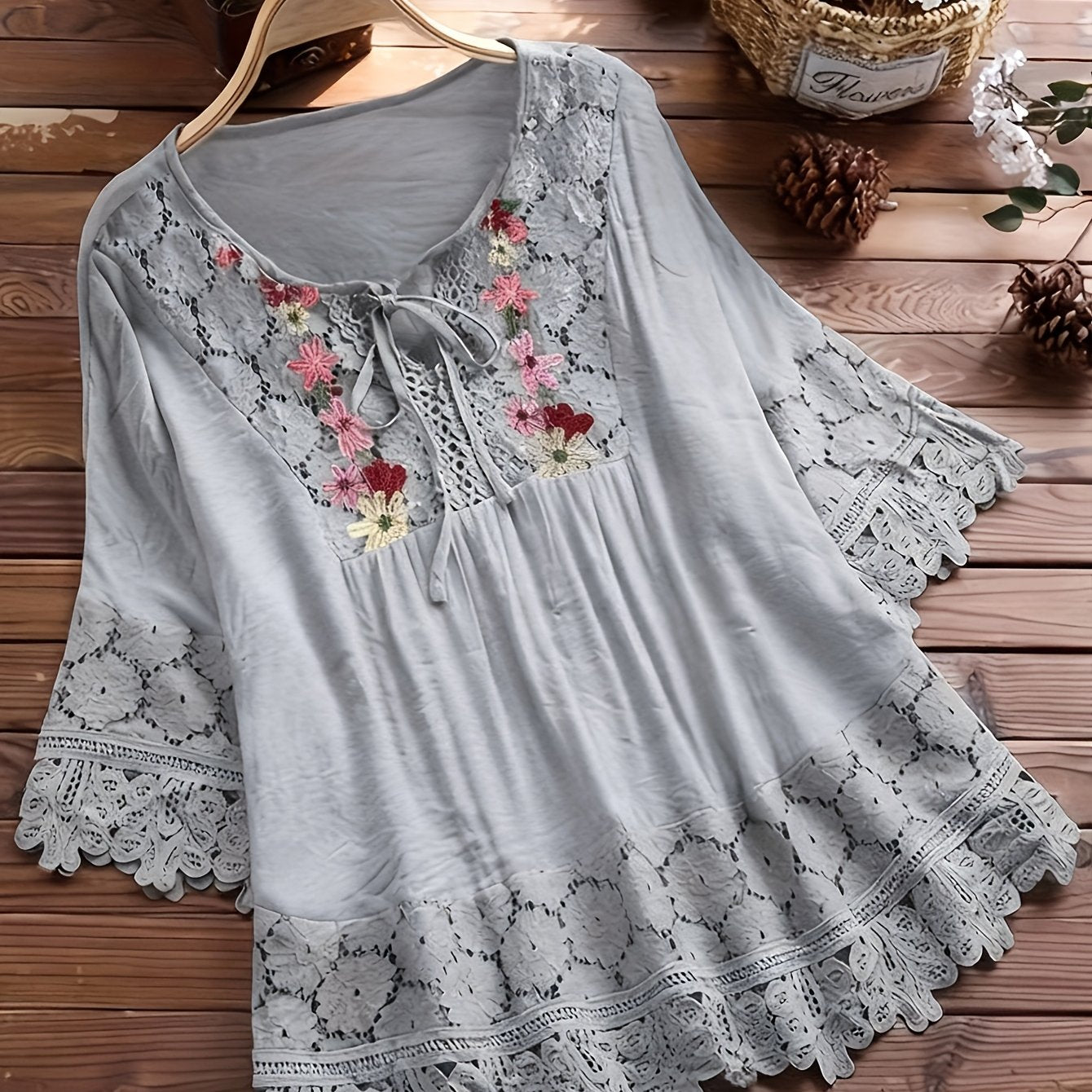 Elarona | Damesblouse met kanten patchwork – Lente/zomer-top met lange mouwen