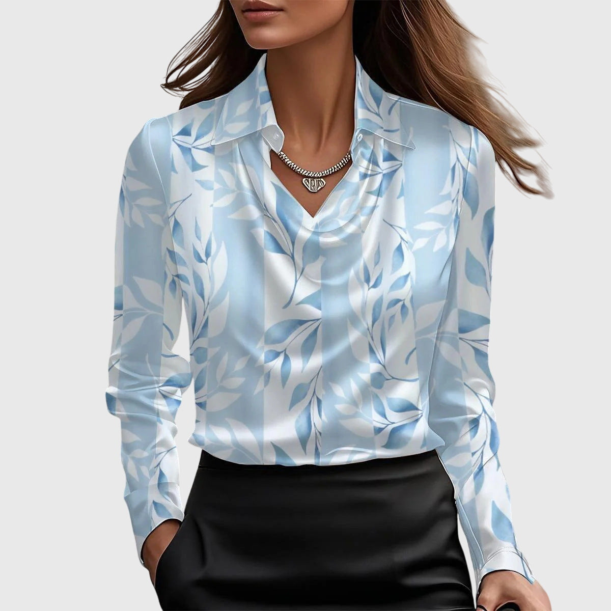 Amelthra | Elegante satijnen blouse met lange mouwen voor dames, gedrapeerd shirt met swingkraag