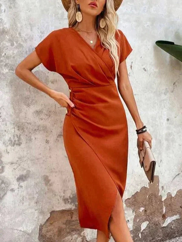 Ivaraen | Oranje midi-jurk voor dames – elegante bodycon jurk met V-hals en split