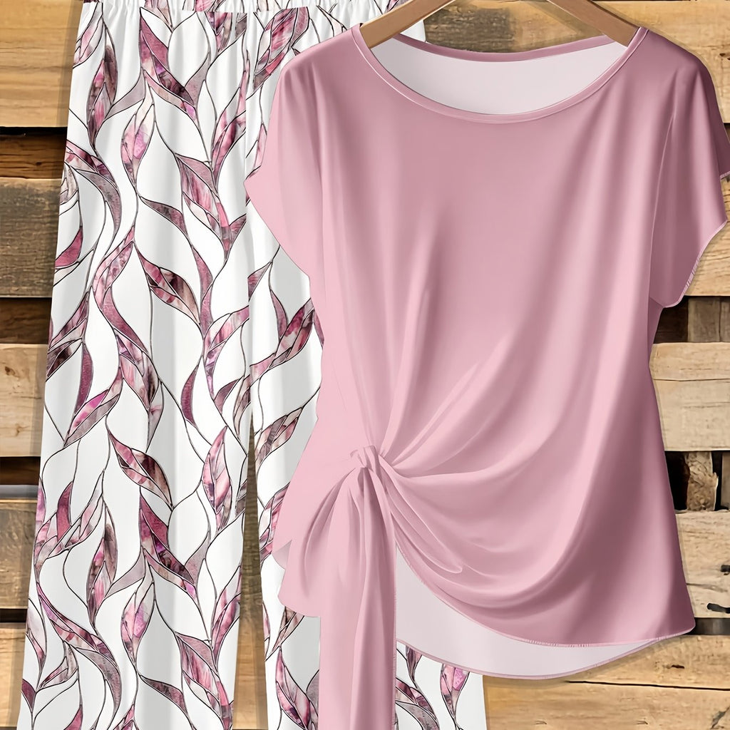 Gena | Tweedelige damesset – top met korte mouwen en bedrukte wijde broek, zomerse co-ord set