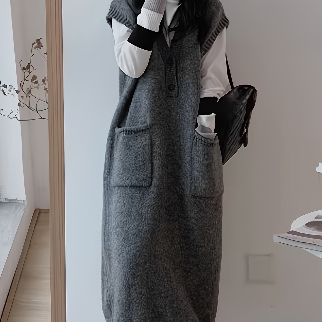 Rylthia | Mouwloze Gebreide Midi Jurk met Zakjes – Layering Tankjurk, Zachte Stretch Knit
