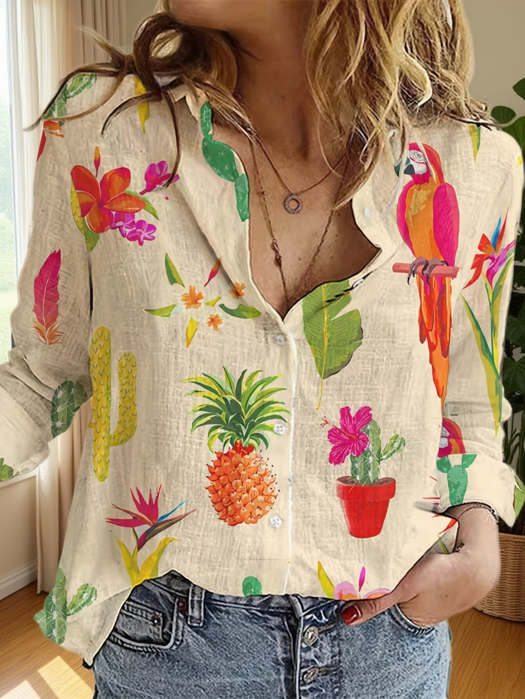 Elmyriaeth | Damesblouse met tropisch print – Elegante casual blouse met enkele knoopsluiting