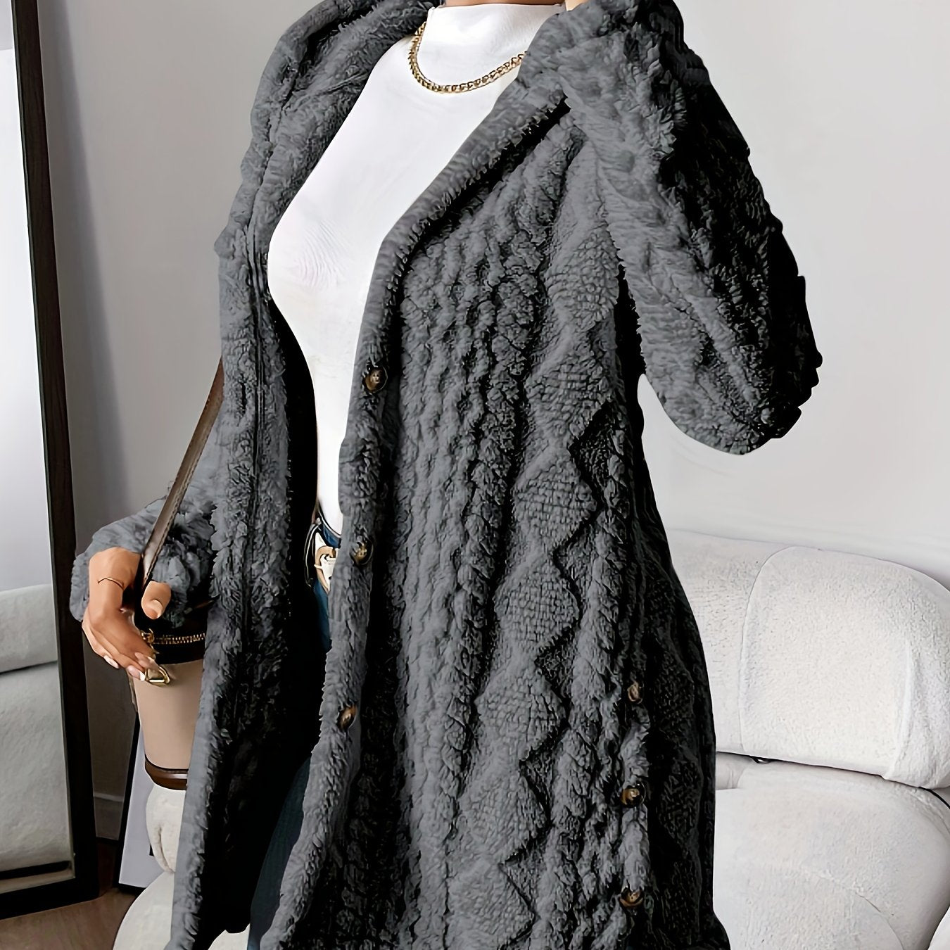 Palithra | Flauschiger, langer Damen-Kapuzencardigan – Lockere Passform, weiches Kunstfell für Herbst &amp; Winter