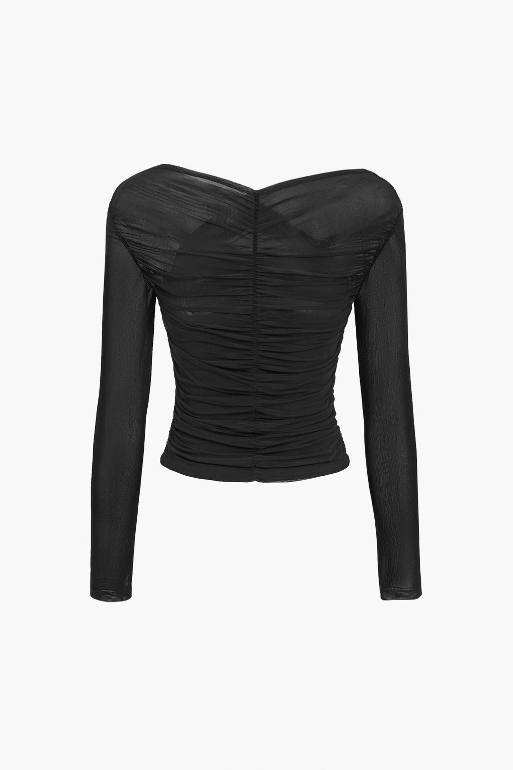 Evira | Damesblouse van mesh met ruches – Doorschijnende stretchtop met lange mouwen