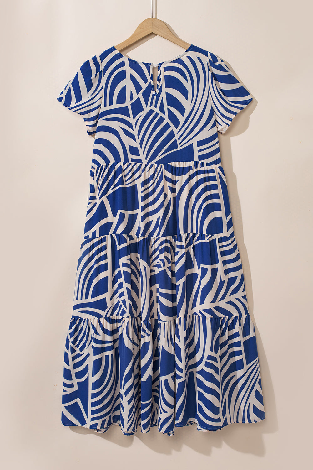 Zylia | Blauwe Boho-print midi-jurk voor dames – korte mouwen, uitlopende taille