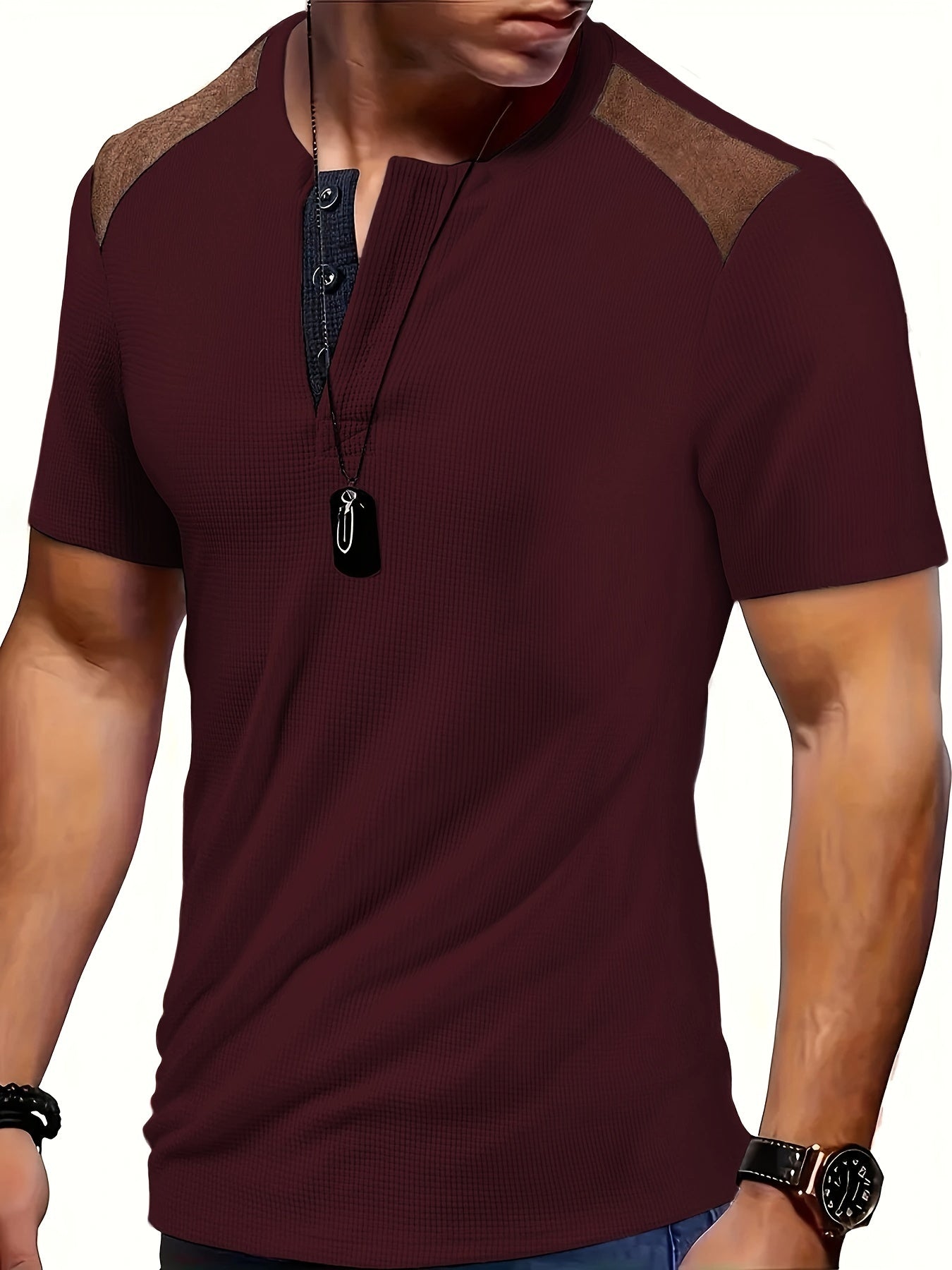 River | Chemise homme en maille gaufrée - Chemise décontractée à manches courtes bicolore