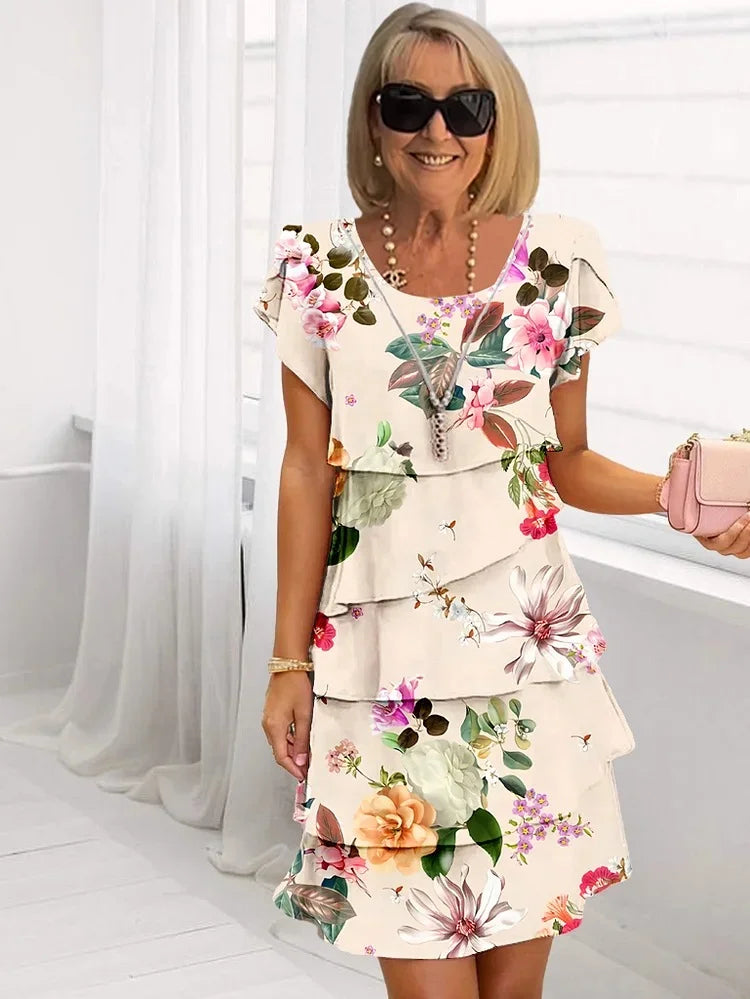 Hirael | Plissé bloemenjurk met ruches voor dames – elegante getailleerde midi-jurk