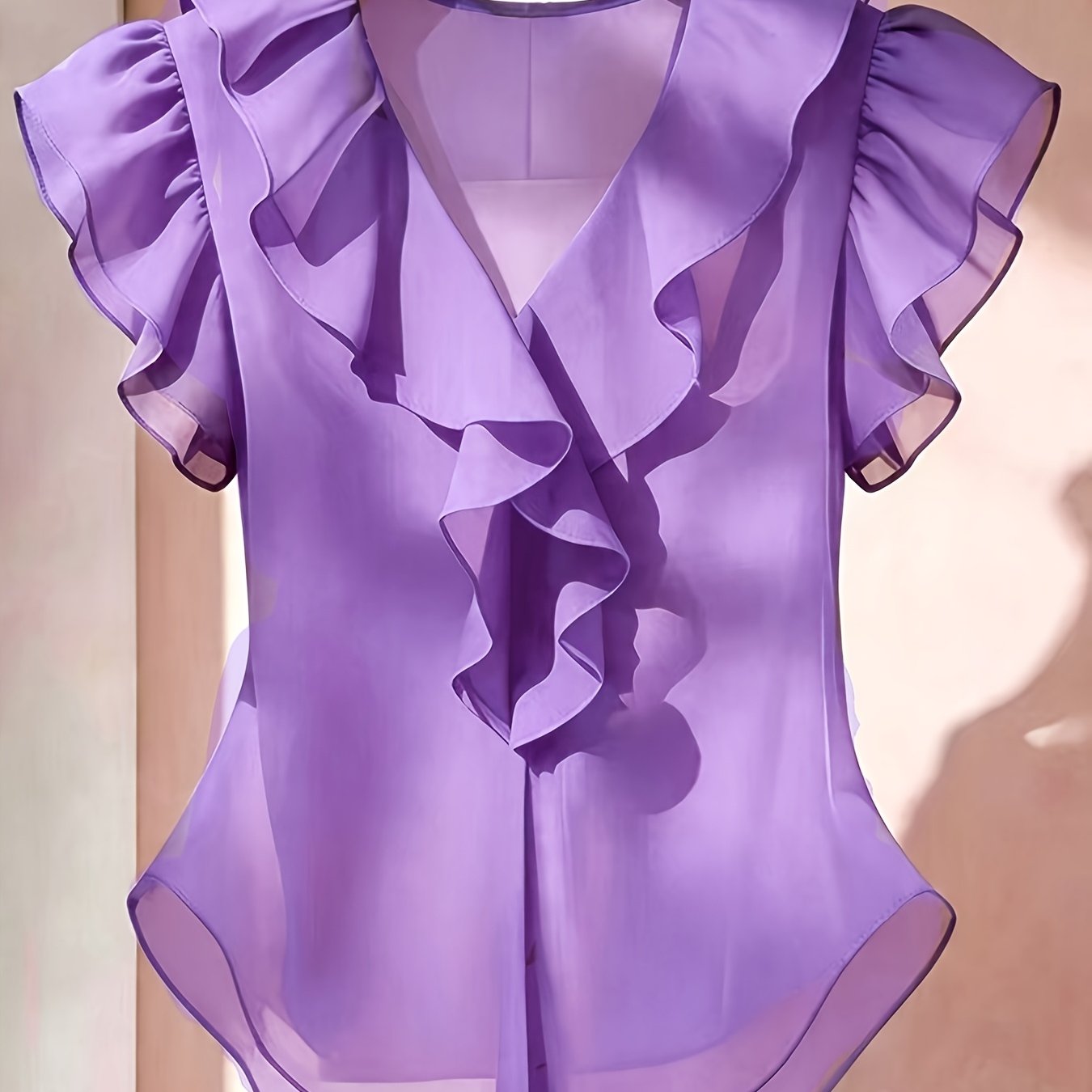 Ionae | Dames zomer chiffon shirt – Franse stijl top met ruches in effen kleur