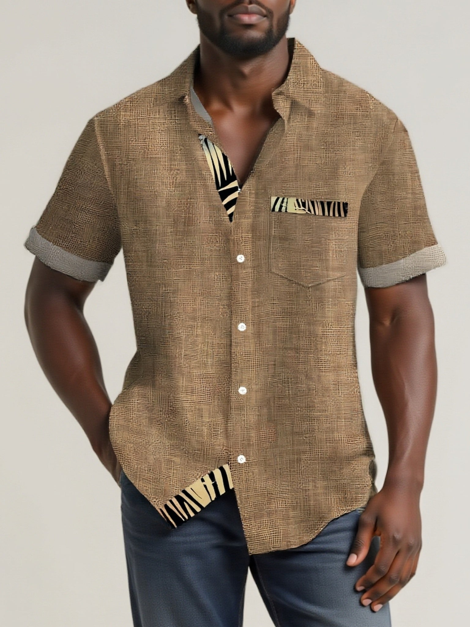 Caelum | Herenoverhemd met tropisch bladmotief – Hawaiiaans model met korte mouwen en knoopsluiting
