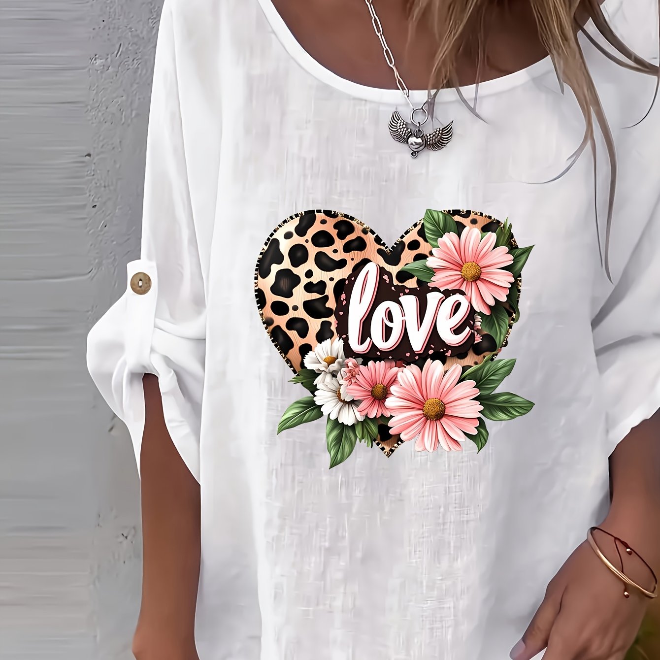 Lunelle | Elegant dames-T-shirt met bloemenprint en ronde hals – Casual, losse pasvorm, knoopjes, lente
