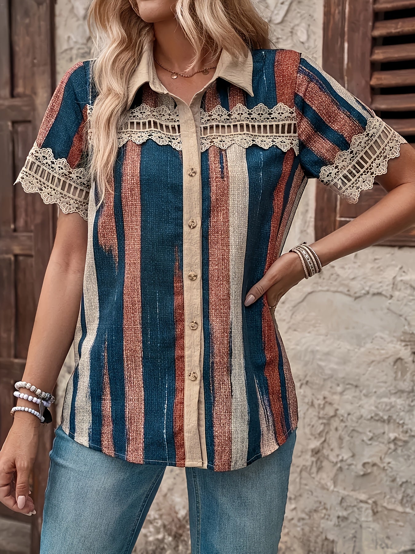 Amaranthe | Dames retro gestreepte kanten blouse – korte mouwen blouse met knoopsluiting