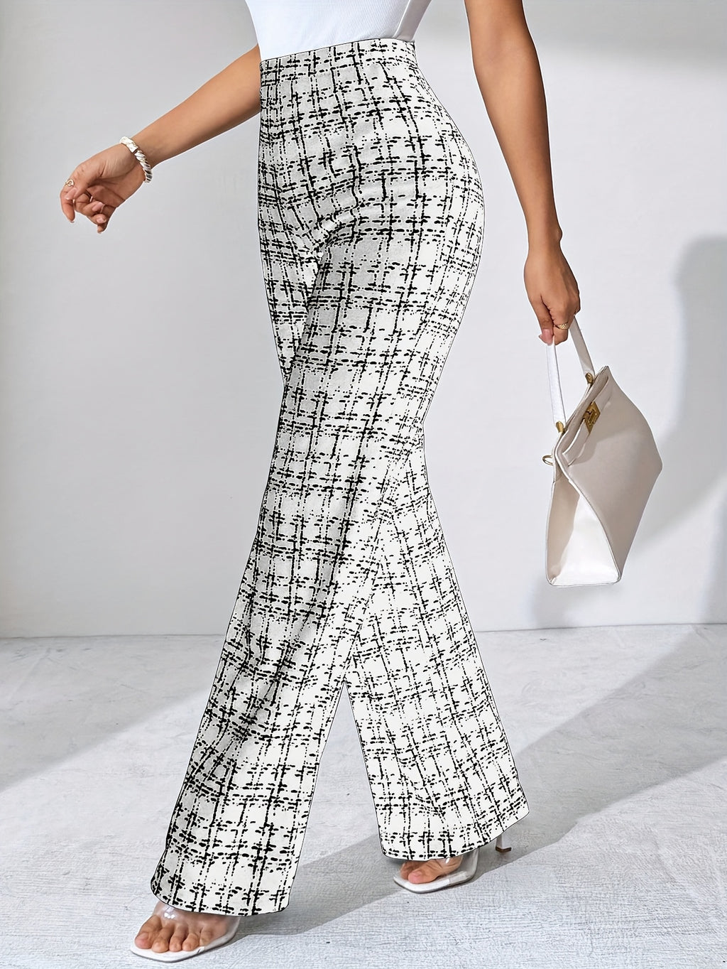 Laverna | Pantalon évasé en tweed à carreaux taille haute pour femme – Pantalon décontracté et extensible à jambes larges