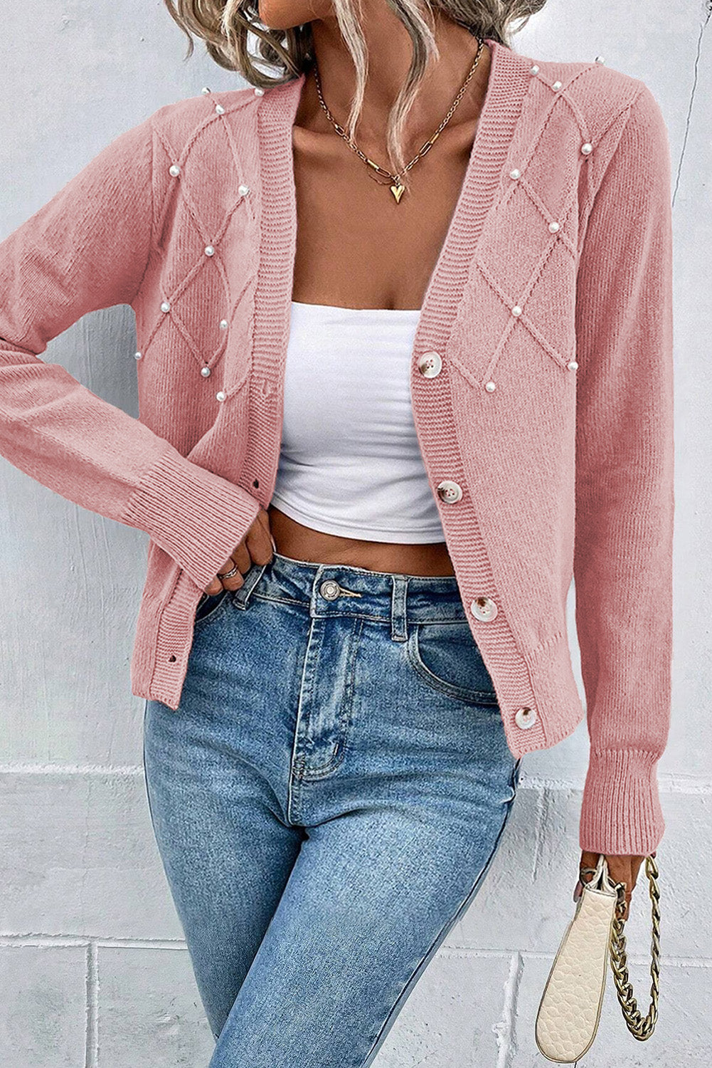 Crescenda | Elegante Kaschmir-Strickjacke mit Perle – Luxuriöse Damen-Strickjacke für Herbst/Winter