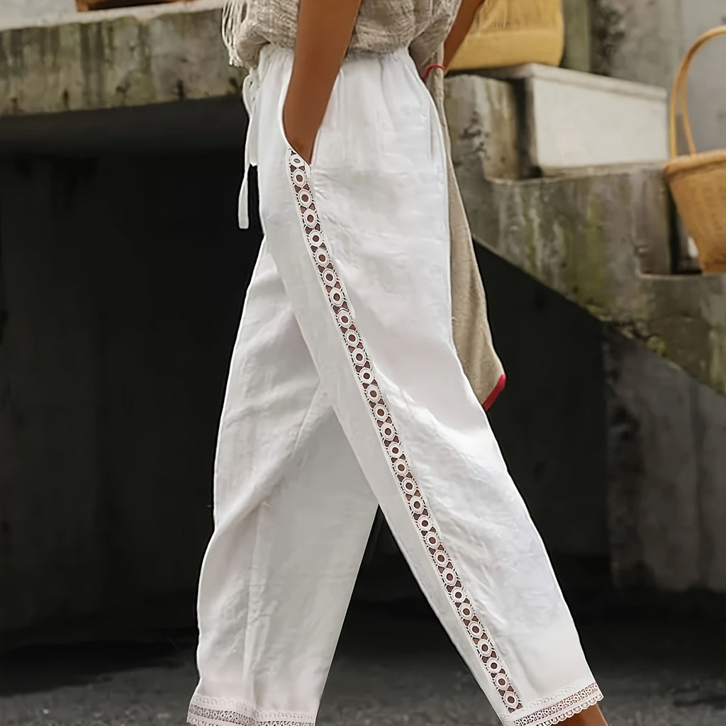 Zalyra | Effen enkellange damesbroek – casual slim fit broek met patchwork en kanten inzetstukken aan de zijkant