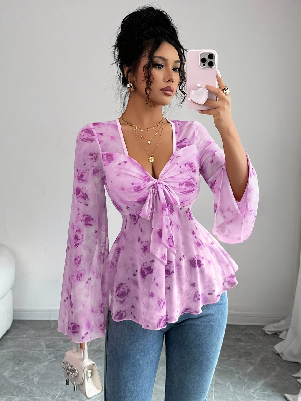 Elvarisen | Dames-top van doorschijnend mesh met bloemenprint – Elegant casual T-shirt